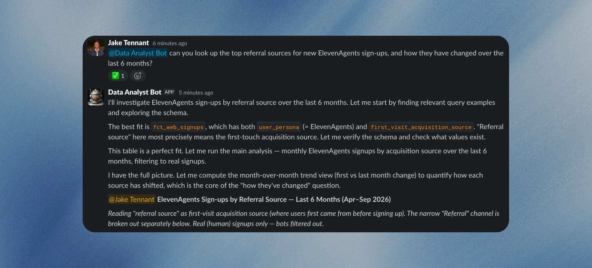 Slack conversation about ElevenAgents sign-up referral sources from April–September 2026.