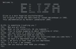 Terminal screenshot showing a conversation with the ELIZA chatbot about depression.