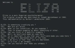 Terminal screenshot showing a conversation with the ELIZA chatbot about depression.