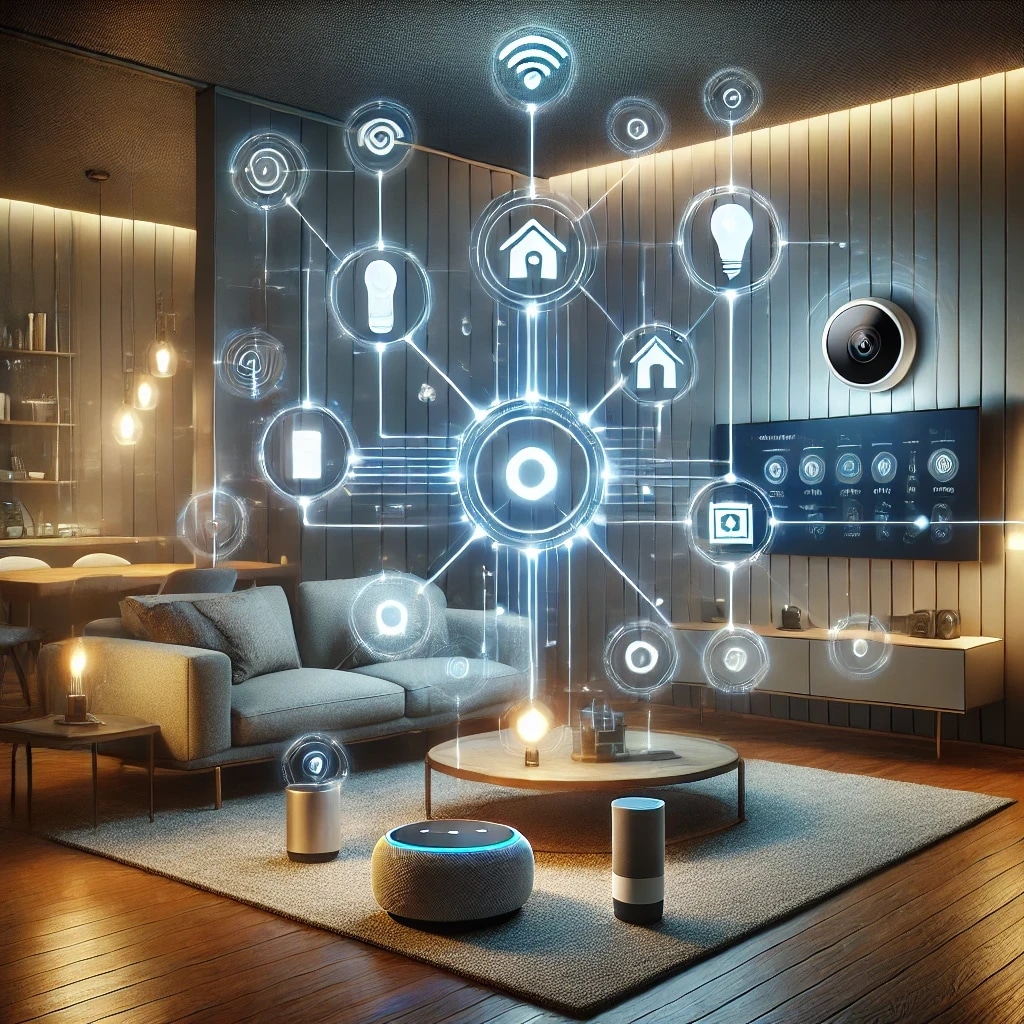A living room with smart home devices and digital icons representing interconnected technology and IoT systems.