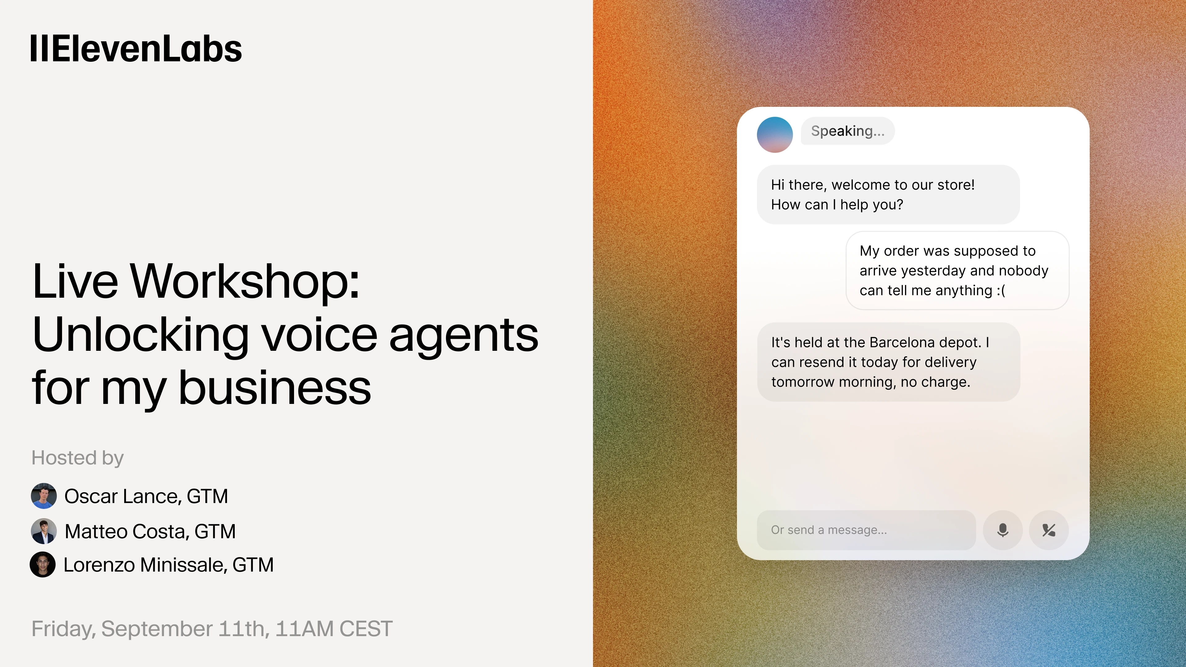 ElevenLabs workshop promo about voice agents, featuring a customer-support chat example.