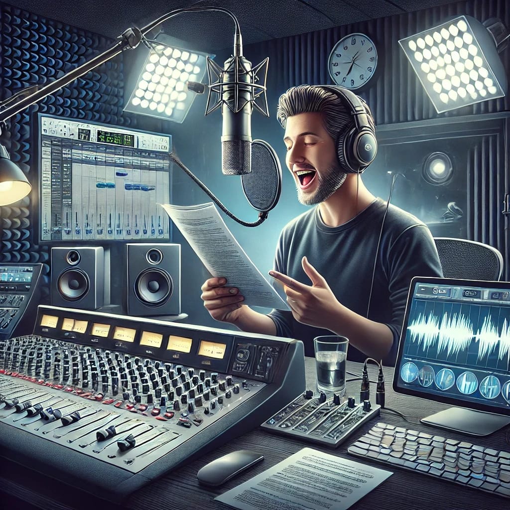 A man singing into a microphone in a professional recording studio, surrounded by audio equipment and bright studio lights.