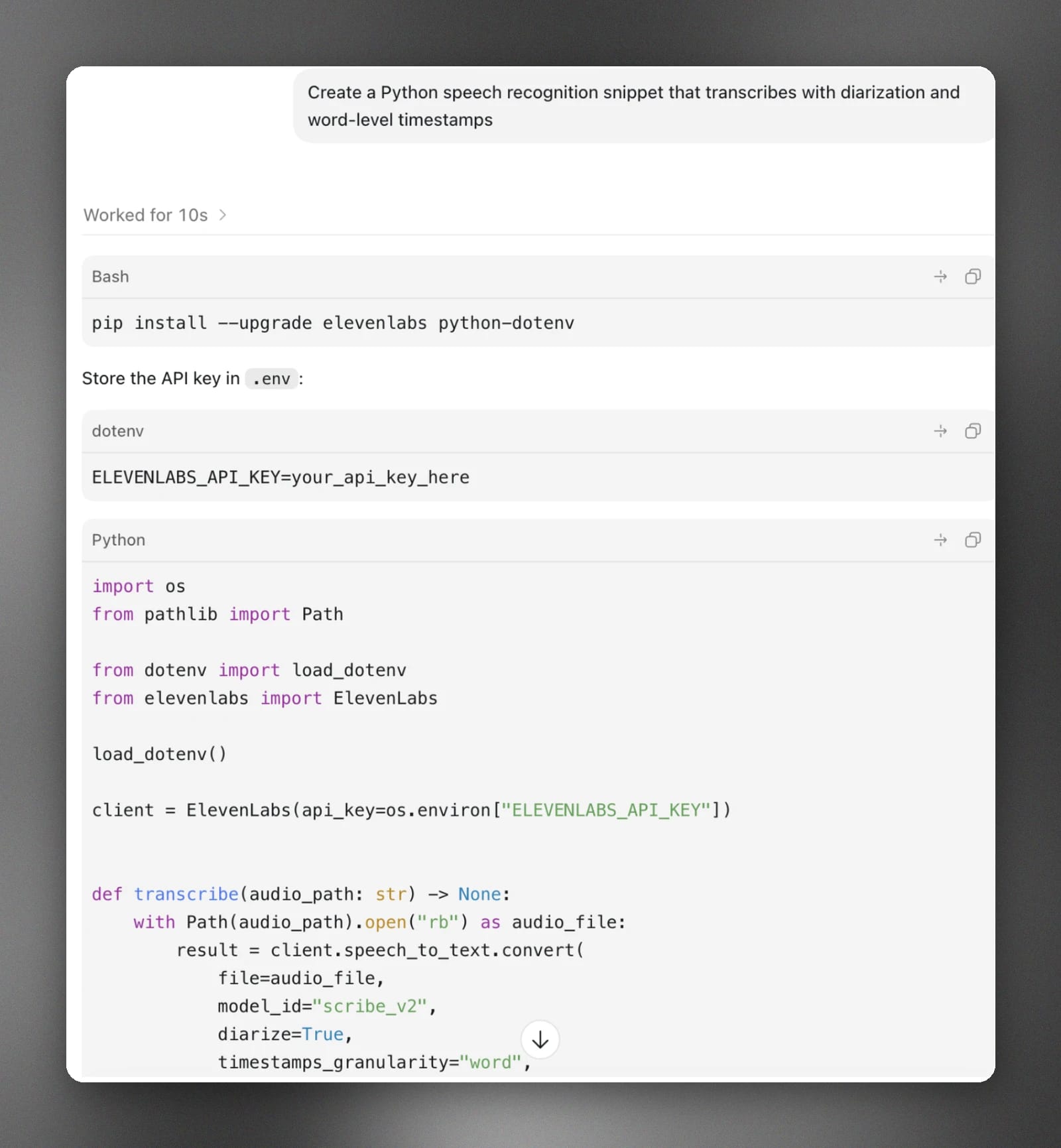 Chat showing Python code for ElevenLabs speech transcription with speaker diarization and word timestamps.