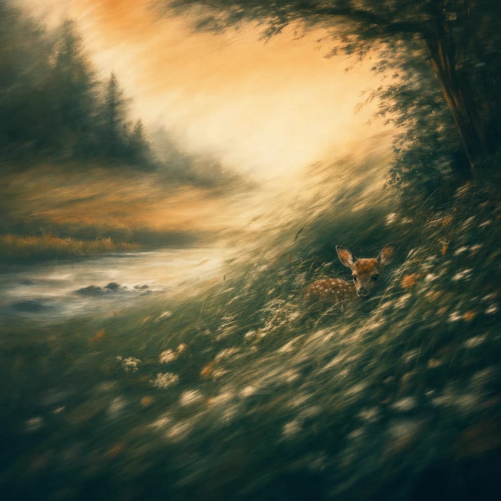 Stylized scene featuring a trembling fawn half-hidden in tall, windy grass at the edge of a shadowy forest clearing, rendered in deep forest green, off-white, and warm orange