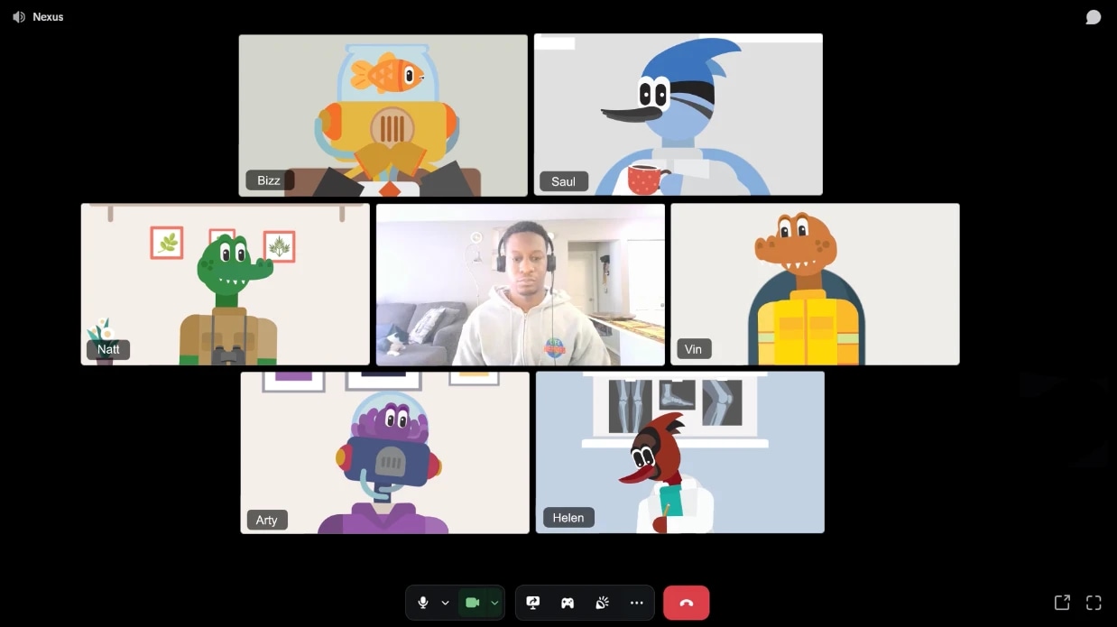 Video call with seven participants, including one person and six cartoon avatars.