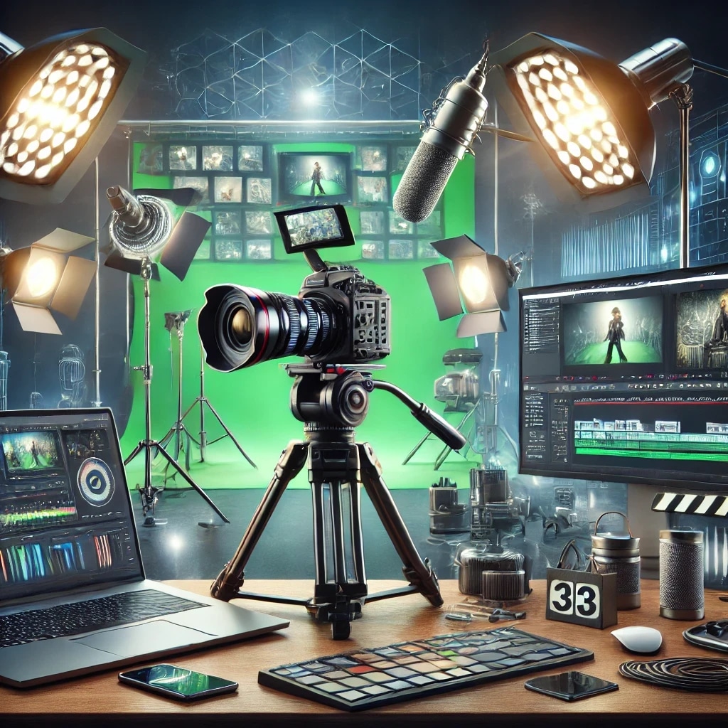 A professional video production studio with camera equipment, lighting, monitors, and a green screen background.