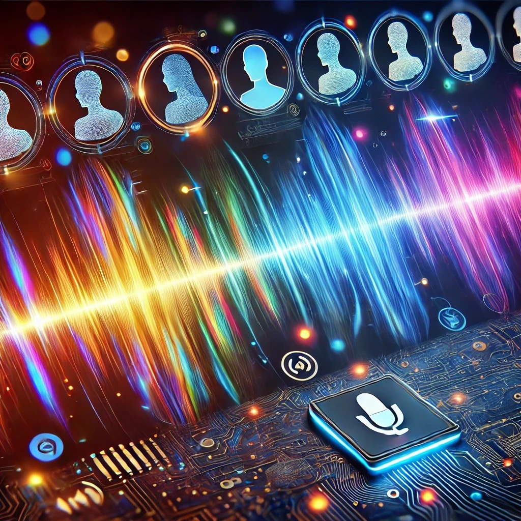 Digital representation of a futuristic voice recognition or AI assistant interface with colorful light effects and user profile icons.