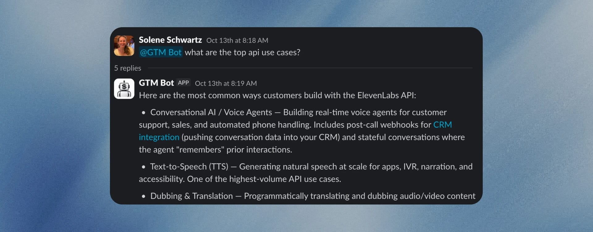 Slack thread where GTM Bot lists ElevenLabs API uses: voice agents, TTS, and dubbing.