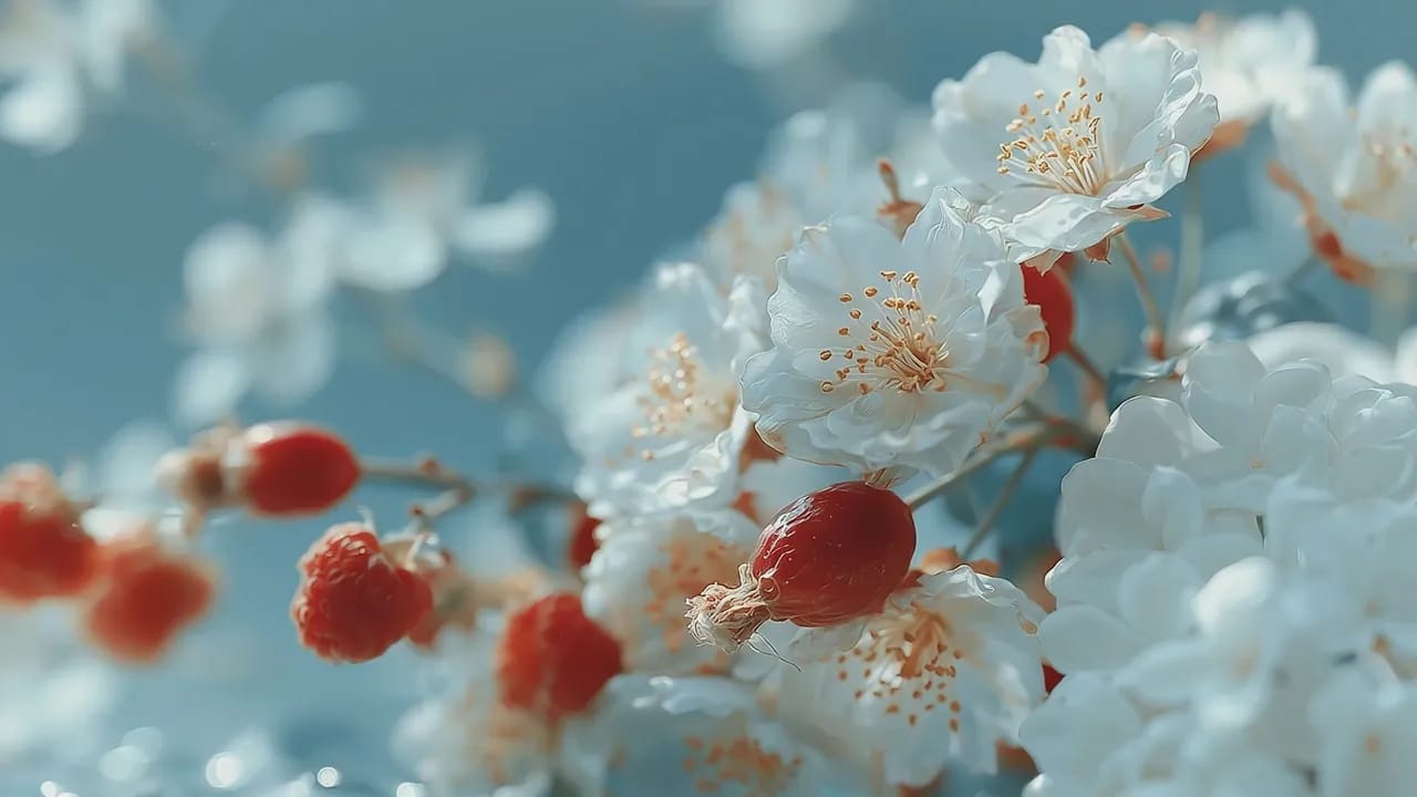 Makro wideo pszczoły wlatującej w kadr i lądującej na białym kwiatku otoczonym małymi czerwonymi jagodami. Płytka głębia ostrości, szczegółowe zbliżenie, slow motion.