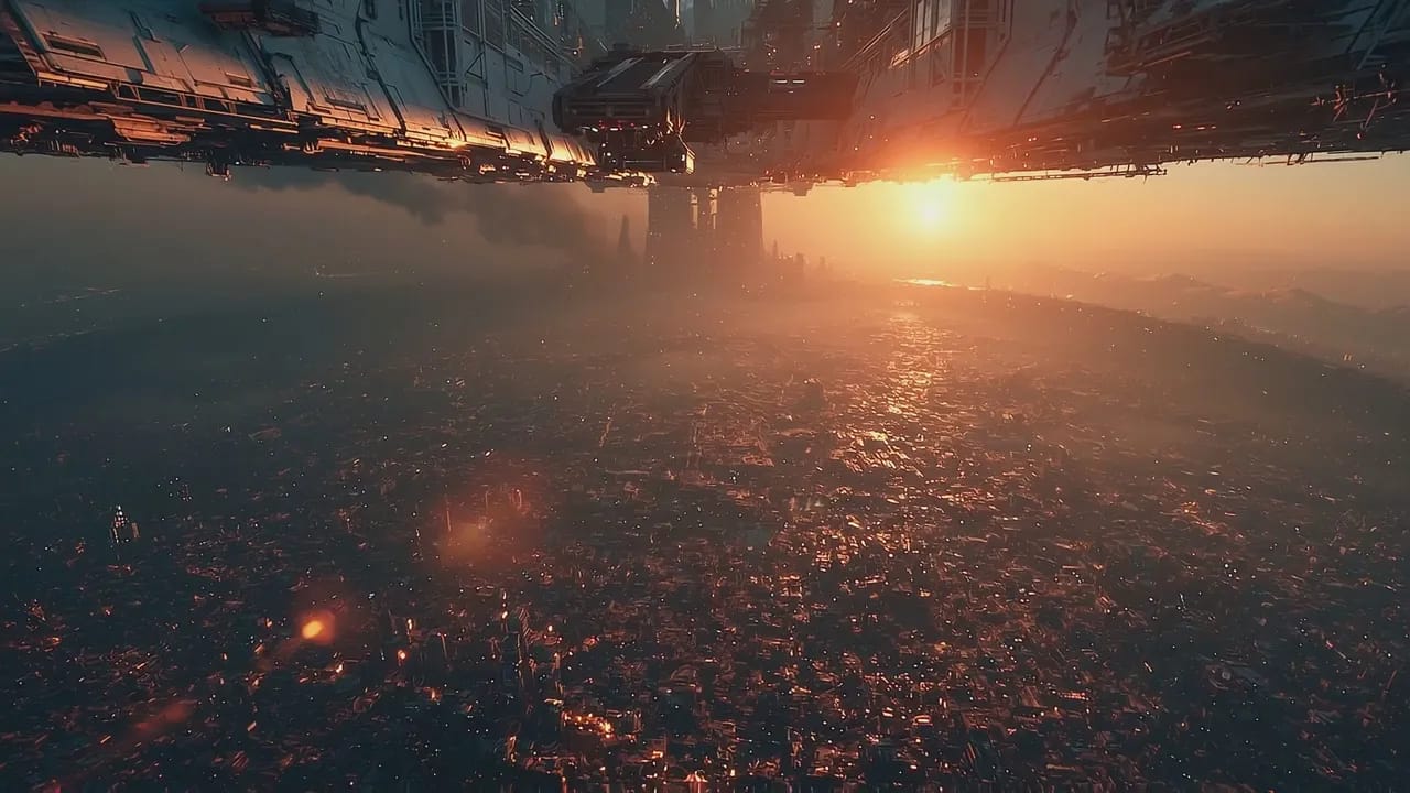 En enorm sci-fi-rumdskepp svävar över en vidsträckt, tät futuristisk storstad i solnedgången. Mindre rymdskepp flyger genom den disiga, gyllene himlen. Lågkameravinkel, filmisk känsla, kameran rör sig framåt.