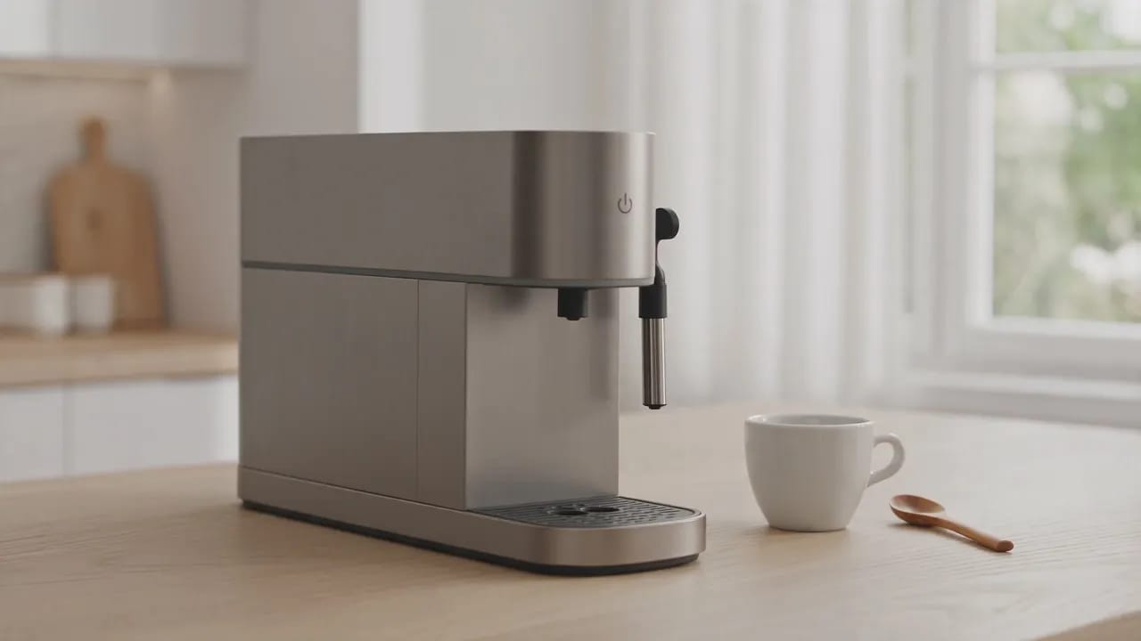 25-second product demo for a minimalist brushed-steel espresso machine with a small circular touchscreen and warm amber LED accents. Sequence: machine wakes with a soft LED glow in a bright Scandinavian kitchen, a hand taps the touchscreen, coffee beans grind in extreme macro detail, espresso pours into a white ceramic cup in slow motion with rich crema forming, final shot pulls back to reveal the full kitchen with the machine centered on a wooden counter. Keep the machine's proportions, materials, and amber lighting identical in every shot. Clean commercial look, shallow depth of field on product details.