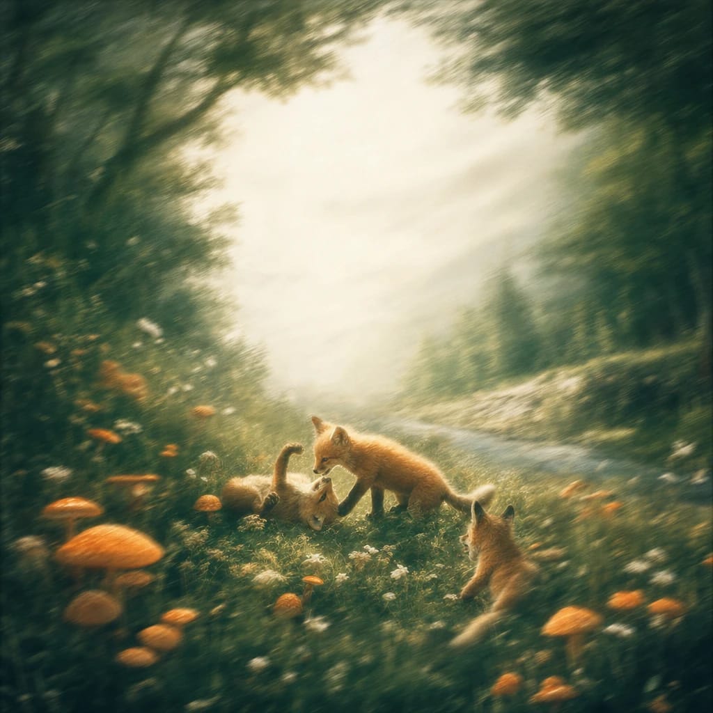 Stylized scene featuring sun-dappled forest clearing with playful fox kits tumbling among warm orange mushrooms, rendered in deep forest green, off-white, and warm orange
