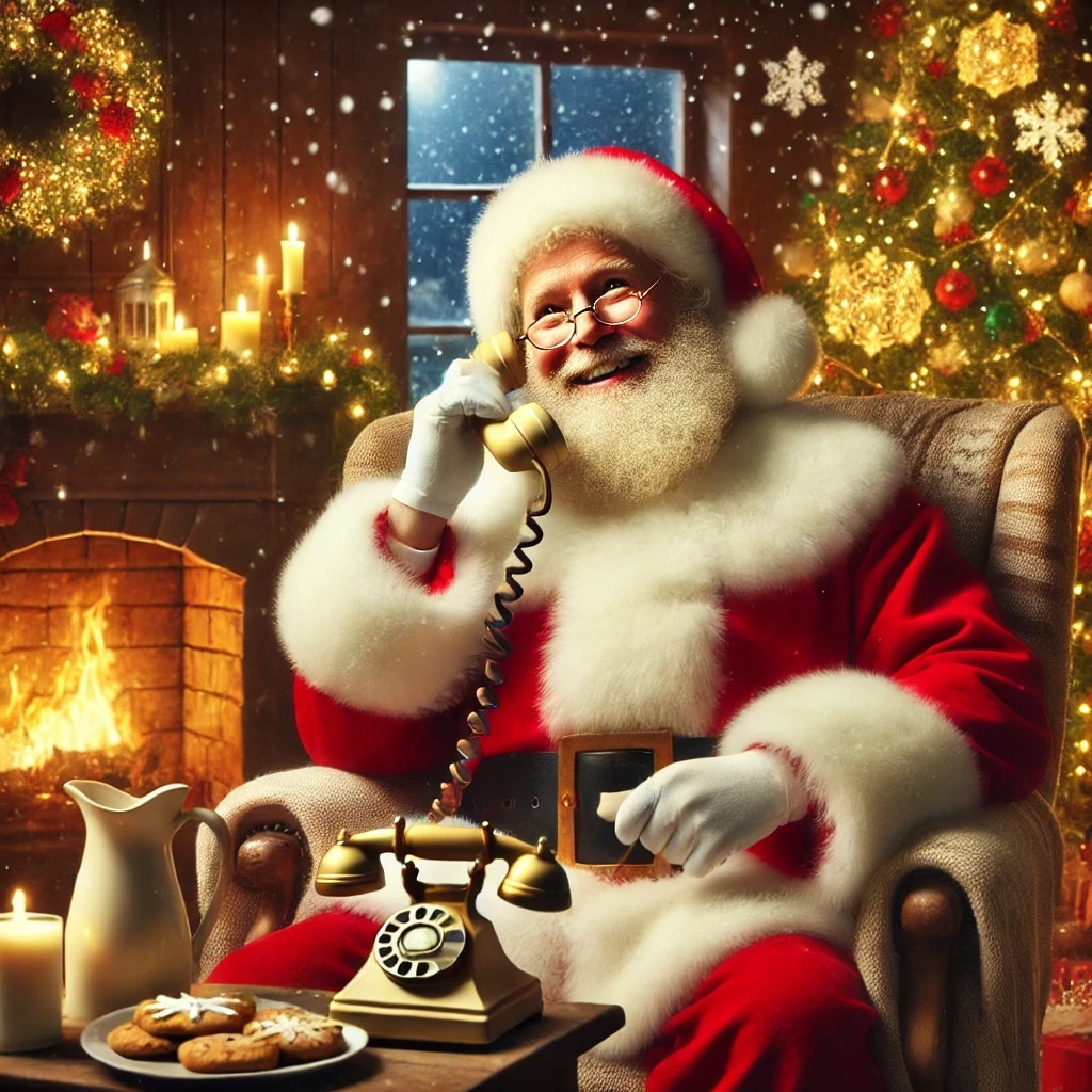 Santa Claus talking on a vintage rotary phone in a cozy, decorated Christmas room.