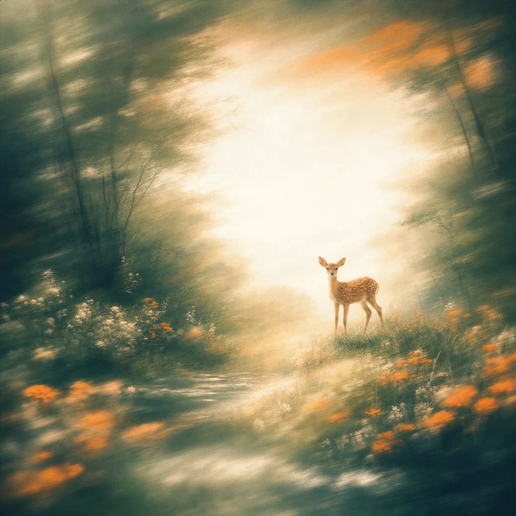 Stylized scene featuring a gentle fawn standing amid sun-dappled forest glade with scattered wildflowers, rendered in deep forest green, off-white, and warm orange