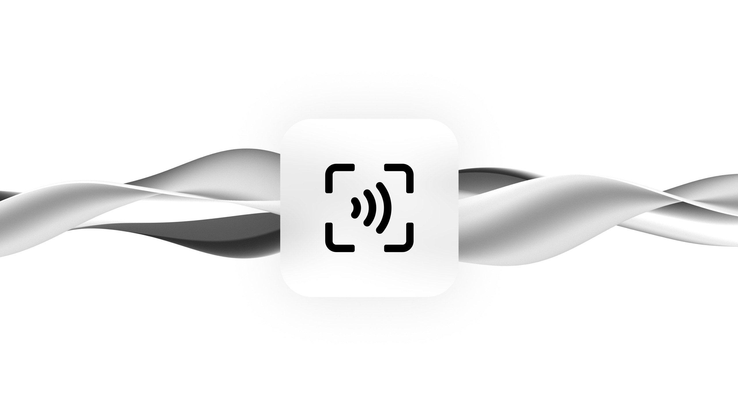 Icon of a voice command or speech recognition symbol over a background of intertwined black and white waves.