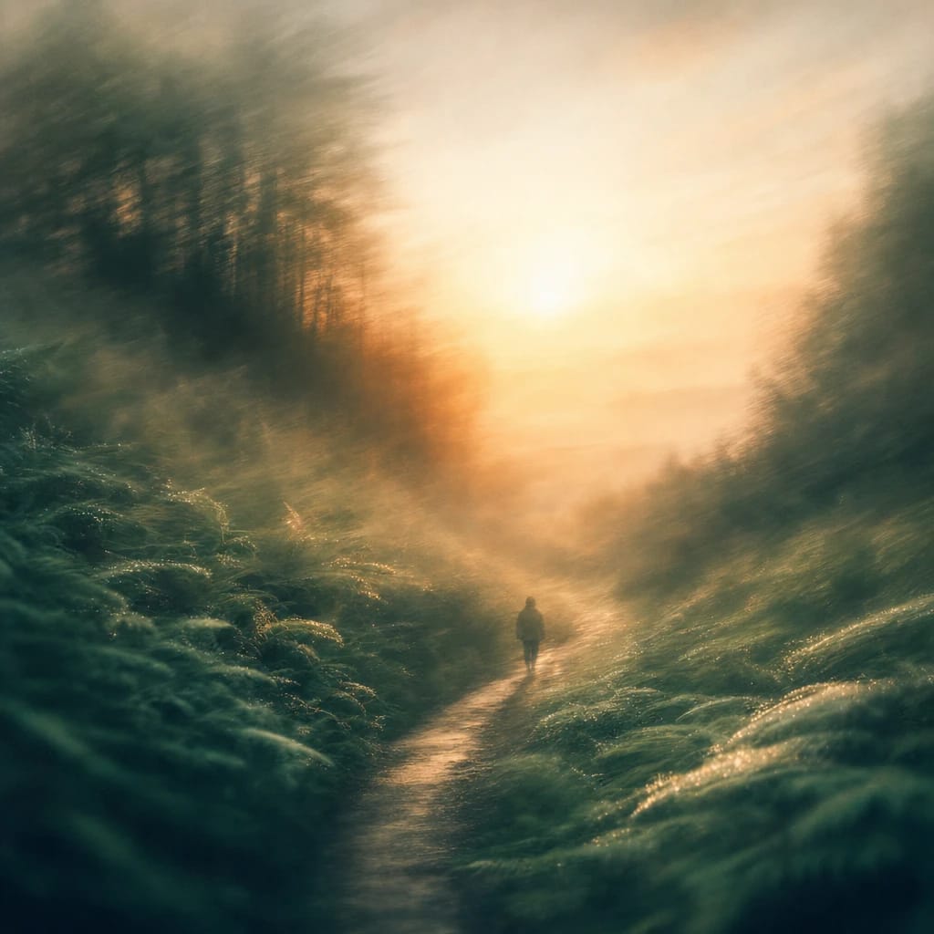 Stylized scene featuring a winding forest path at sunrise with a solitary figure in casual clothes walking amid dew-covered ferns, rendered in deep forest green, off-white, and warm orange