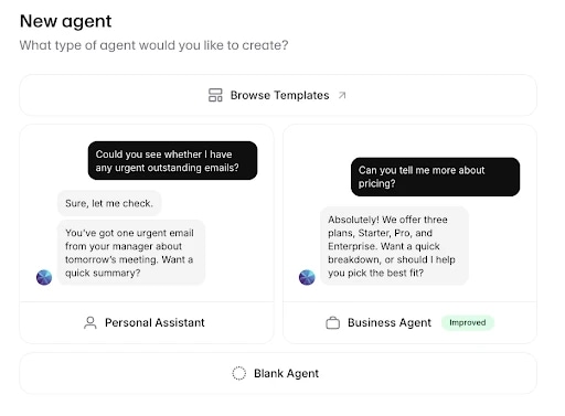 Conversational AI agent interface for creating a new virtual agent with template options for Personal Assistant and Business Agent.
