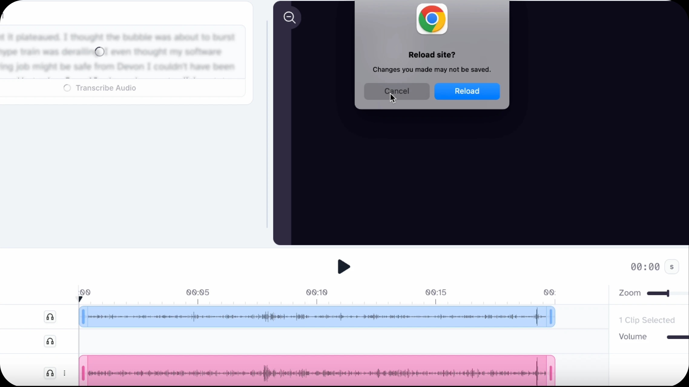 A computer screen showing a browser prompt asking "Reload site?" with options to "Cancel" or "Reload," and a video editing timeline below.