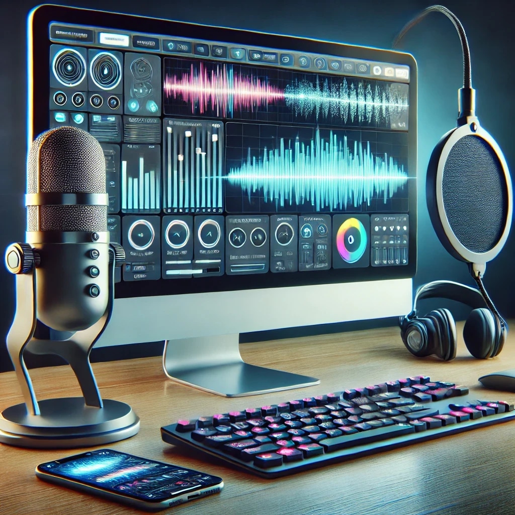 A music production setup with a computer monitor displaying audio waveforms, a microphone on a stand, headphones, a keyboard, and a smartphone on a wooden desk.