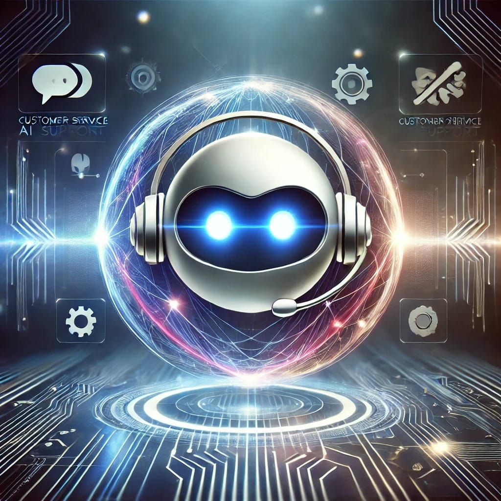 A futuristic robot with glowing blue eyes wearing a headset, surrounded by digital icons and holographic interface elements.