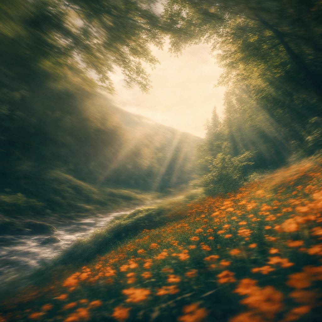 Stylized scene featuring sunbeams filtering through dense forest leaves over a carpet of blooming orange wildflowers, rendered in deep forest green, off-white, and warm orange