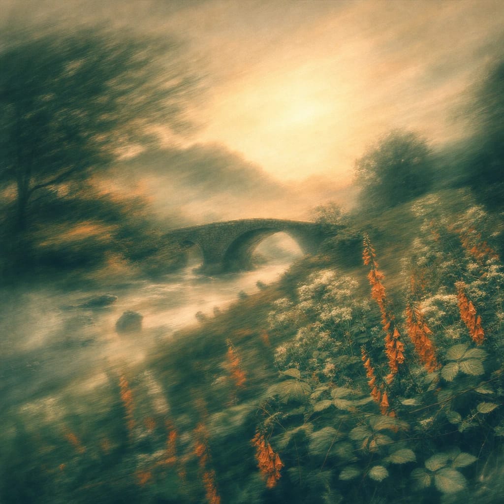 Stylized scene featuring an old stone bridge over a misty river with wild foxgloves and brambles in bloom along the banks, rendered in deep forest green, off-white, and warm orange