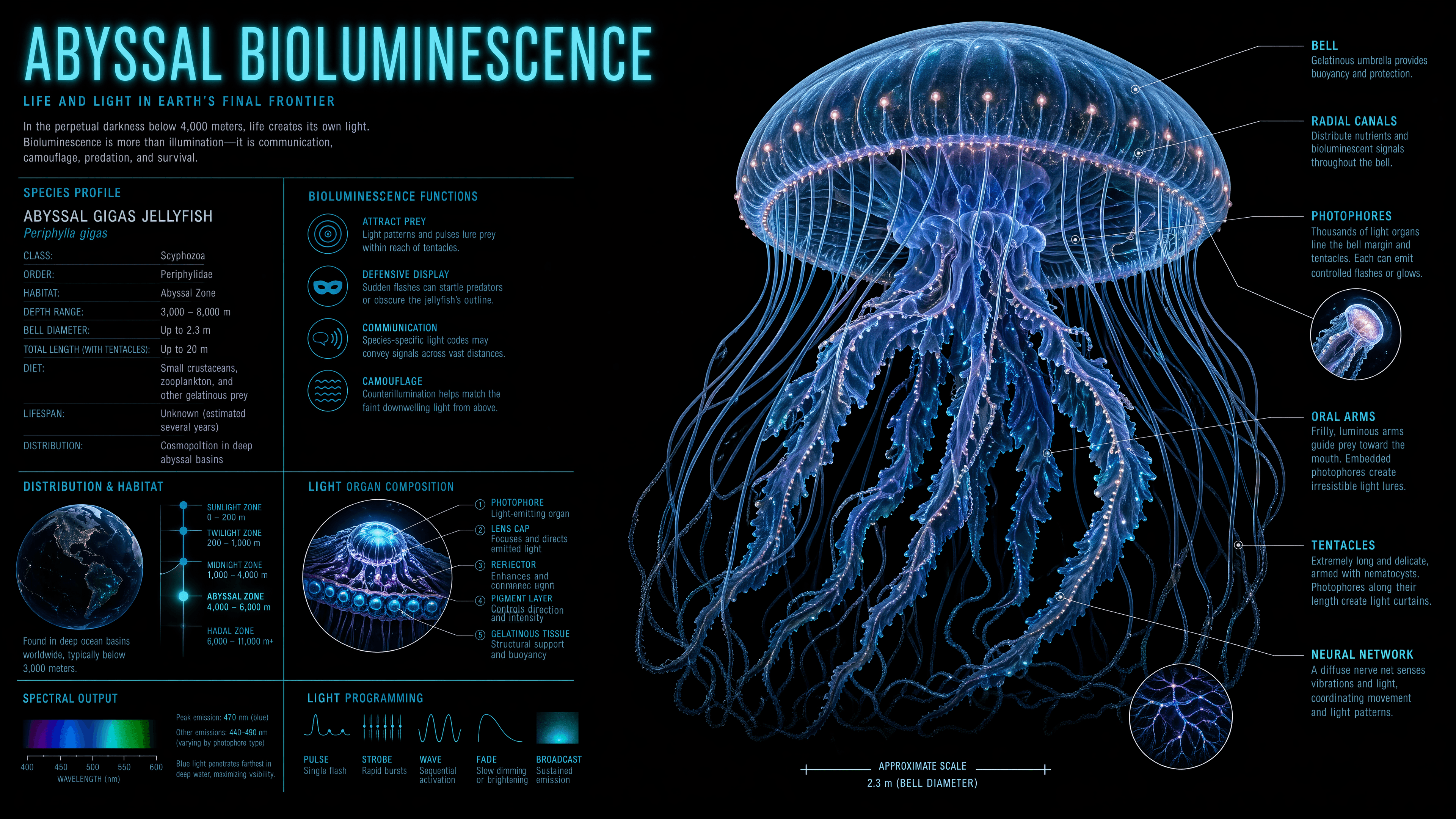 This infographic presents a dark, mysterious, and educational atmosphere, set against a deep black background reminiscent of the abyssal zone. The visual style is highly detailed and scientific, combining realistic illustrations with informative text and diagrams. The central subject is a bioluminescent jellyfish, rendered in glowing blues and purples with subtle pink highlights, appearing static yet dynamic due to its intricate structure and depicted light patterns. Various elements like its bell, oral arms, tentacles, and neural network are clearly labeled and explained, alongside sections detailing the jellyfish's species profile, bioluminescence functions, light organ composition, and light programming. The color palette is dominated by cool tones—deep blues, teals, and purples—with bright, high-saturation glows emphasizing the bioluminescent aspects, creating a striking contrast against the dark background. The overall mood is one of scientific wonder and discovery in the deep sea.