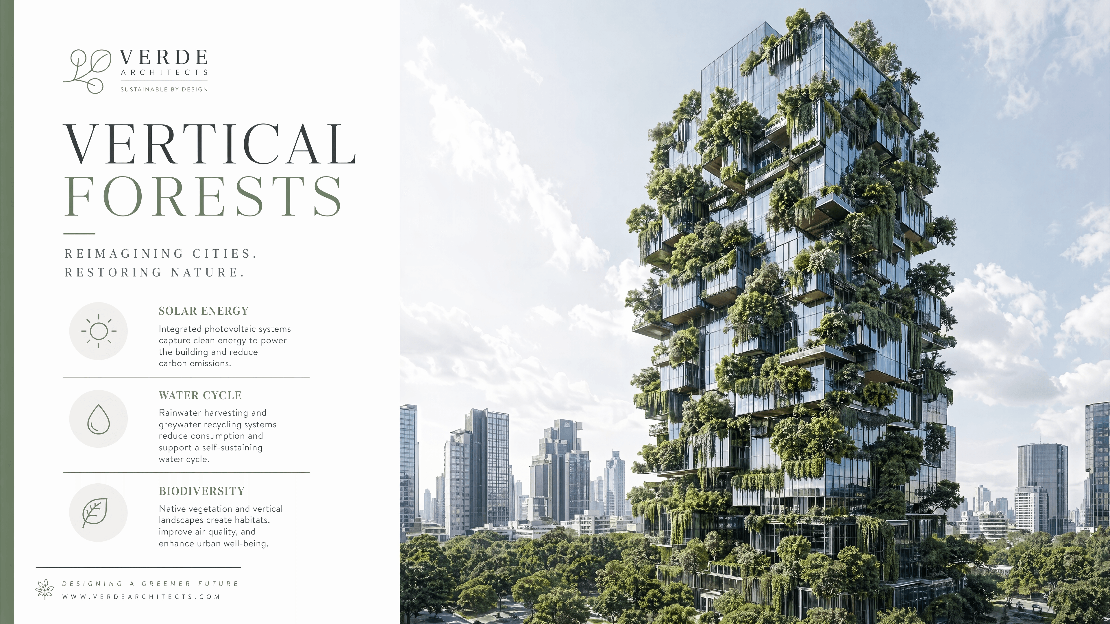 This video presents a bright, modern, and optimistic atmosphere, showcasing an innovative architectural concept. The setting is an urban environment, featuring a futuristic high-rise building completely covered in lush greenery, resembling a vertical forest. The visual style is realistic and highly detailed, emphasizing the integration of nature into modern design. The emotional tone is hopeful and progressive, highlighting solutions for sustainable living. The main subject is a large, glass-paneled building with numerous balconies and terraces overflowing with trees, shrubs, and hanging plants. Other elements include a city skyline in the background and informational text overlays detailing concepts like solar energy, water cycles, and biodiversity. The artistic style is photorealistic, with cool tones and a predominantly green and blue color palette, accented by the white and grey of the city.