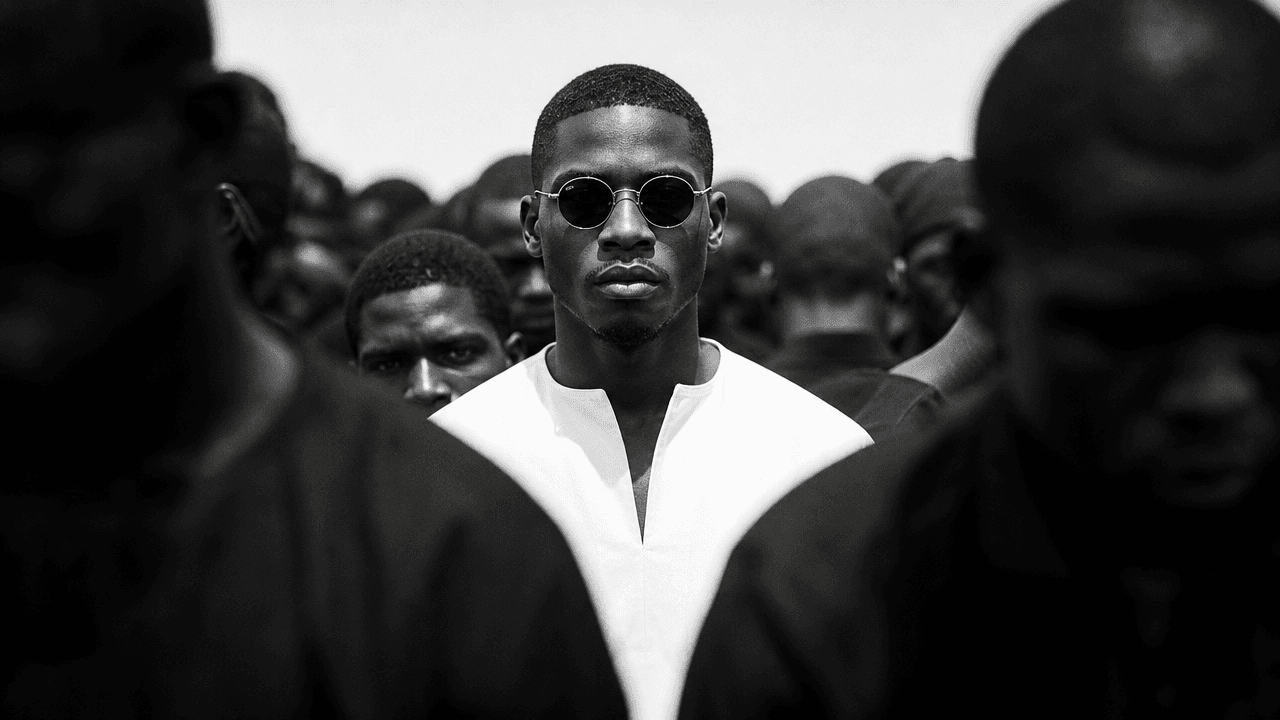 This video presents a stark and dramatic atmosphere, captured in a black and white, high-contrast visual style. The setting appears to be an outdoor gathering or protest, with a large group of people forming a dense crowd. The movement is static, emphasizing the central figure. The emotional tone is serious and intense, with a hint of mystery. The main subject is a young Black man with a short haircut and a neatly trimmed beard, wearing round sunglasses and a white collared shirt, looking directly at the viewer. He is surrounded by other Black men, mostly blurred and in dark clothing, with some faces partially visible, adding to the sense of a collective presence. The artistic style is photorealistic, with strong chiaroscuro effects. The color characteristics are monochromatic, featuring deep blacks, crisp whites, and varying shades of gray, creating a powerful and impactful visual.