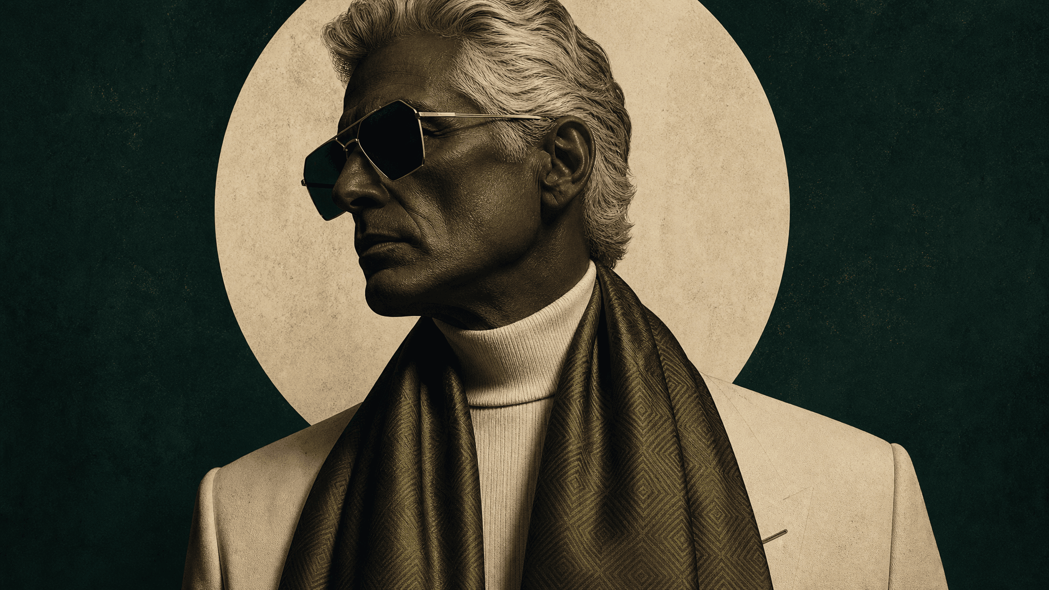 This video features a static, portrait-style shot of a distinguished older man. The mood is sophisticated and mysterious, with a calm atmosphere. He is depicted in a photorealistic art style, with a dark skin tone, gray hair, and wearing sunglasses, a white turtleneck, and a green patterned scarf. The background is a dark teal color with a large, light beige circle behind his head, reminiscent of a halo or moon. The color palette primarily consists of deep greens, dark browns, and muted beige, creating a cool and somewhat muted aesthetic.