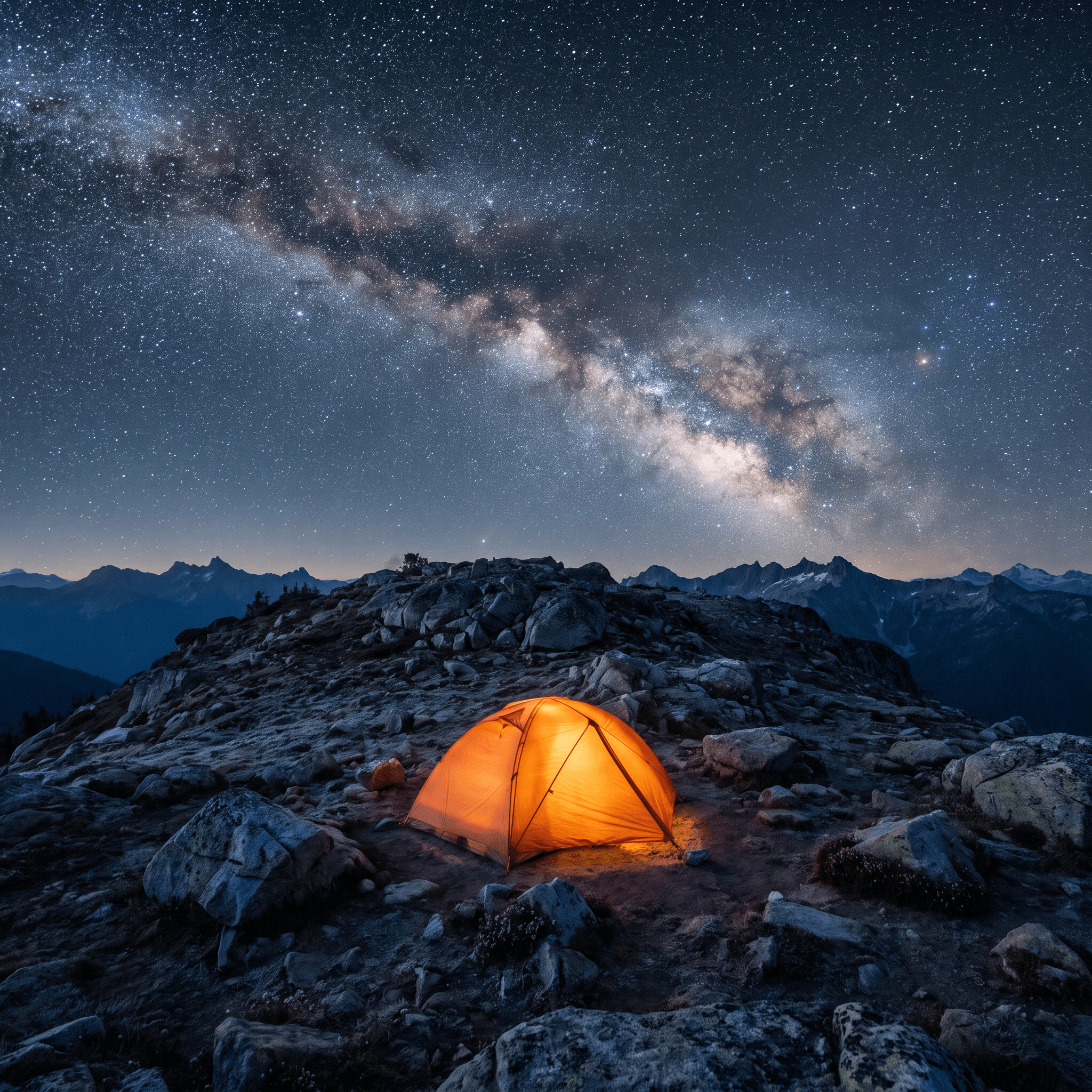 This video presents a breathtaking night scene of a vibrant orange tent illuminated from within, nestled on a rocky, mountainous terrain under a spectacular Milky Way sky. The overall mood is calm, mysterious, and awe-inspiring, with a distinct sense of isolation and wonder. The setting is a remote outdoor mountain environment, possibly at high altitude, with distant peaks visible on the horizon. The activity level is static, focusing on the tranquil beauty of the night sky and the cozy glow of the tent. The visual style is realistic and highly detailed, showcasing the intricate patterns of the stars and the rugged texture of the rocks. The emotional tone is peaceful and contemplative. The main subjects are the glowing tent and the prominent Milky Way galaxy stretching across the dark sky. The artistic style is photorealistic. The color characteristics feature cool tones in the sky and mountains, contrasting with the warm, inviting orange glow of the tent, creating a striking orange-blue color palette with bright white star highlights.