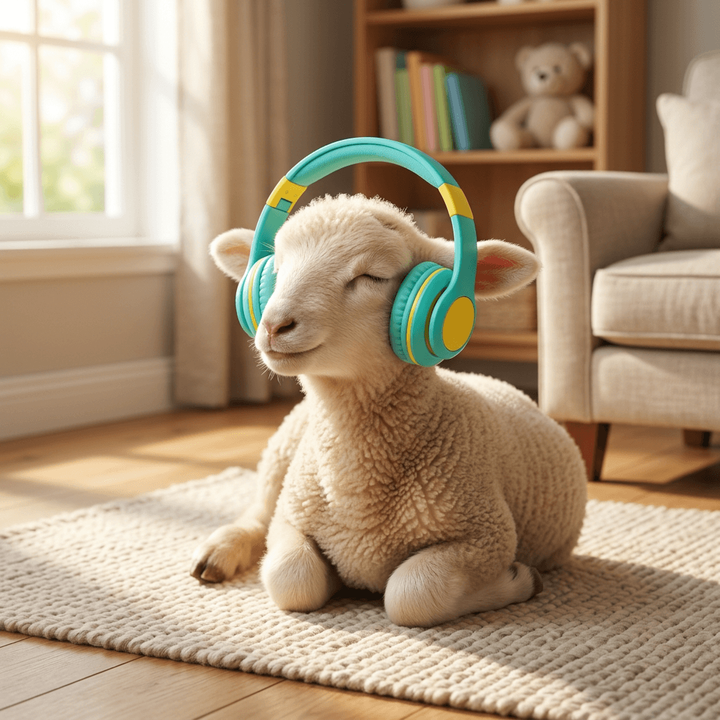 This video features a calm and peaceful scene with a baby lamb. The overall mood is bright and warm, with natural sunlight streaming through a window. The setting is indoors, likely a cozy living room, indicated by a bookshelf and an armchair in the background. The activity level is static, as the lamb is lying down with its eyes closed, seemingly meditating or enjoying music. The visual style is realistic, almost photorealistic, with a focus on the soft textures of the lamb's wool. The emotional tone is serene, tranquil, and slightly whimsical due to the lamb wearing headphones. The main subject is a white baby lamb, adorned with vibrant teal and yellow over-ear headphones. The artistic style is realistic with a touch of charming anthropomorphism. The color characteristics are predominantly warm tones, with bright highlights from the sunlight and a cool accent from the headphones. The color palette includes cream, various shades of brown from the furniture and floor, and striking teal and yellow from the headphones.