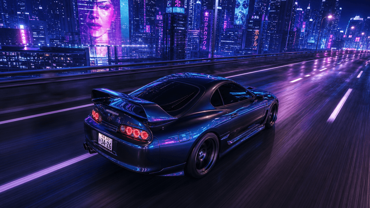 The video captures a dynamic, high-energy mood in an urban setting at night. A sleek, dark sports car, possibly a Toyota Supra, is the central subject, appearing to be in motion on a highway. The backdrop features a futuristic cityscape with towering skyscrapers illuminated by vibrant, cool-toned neon lights, including a large digital billboard displaying a woman's face. The visual style is realistic with a strong artistic influence of cyberpunk aesthetics, characterized by its dark atmosphere punctuated by intense blues and purples. The color palette is dominated by deep blues, purples, and magentas, with hints of red from the car's taillights and reflections on the wet road. The overall emotional tone is mysterious and thrilling, suggesting speed and urban exploration.