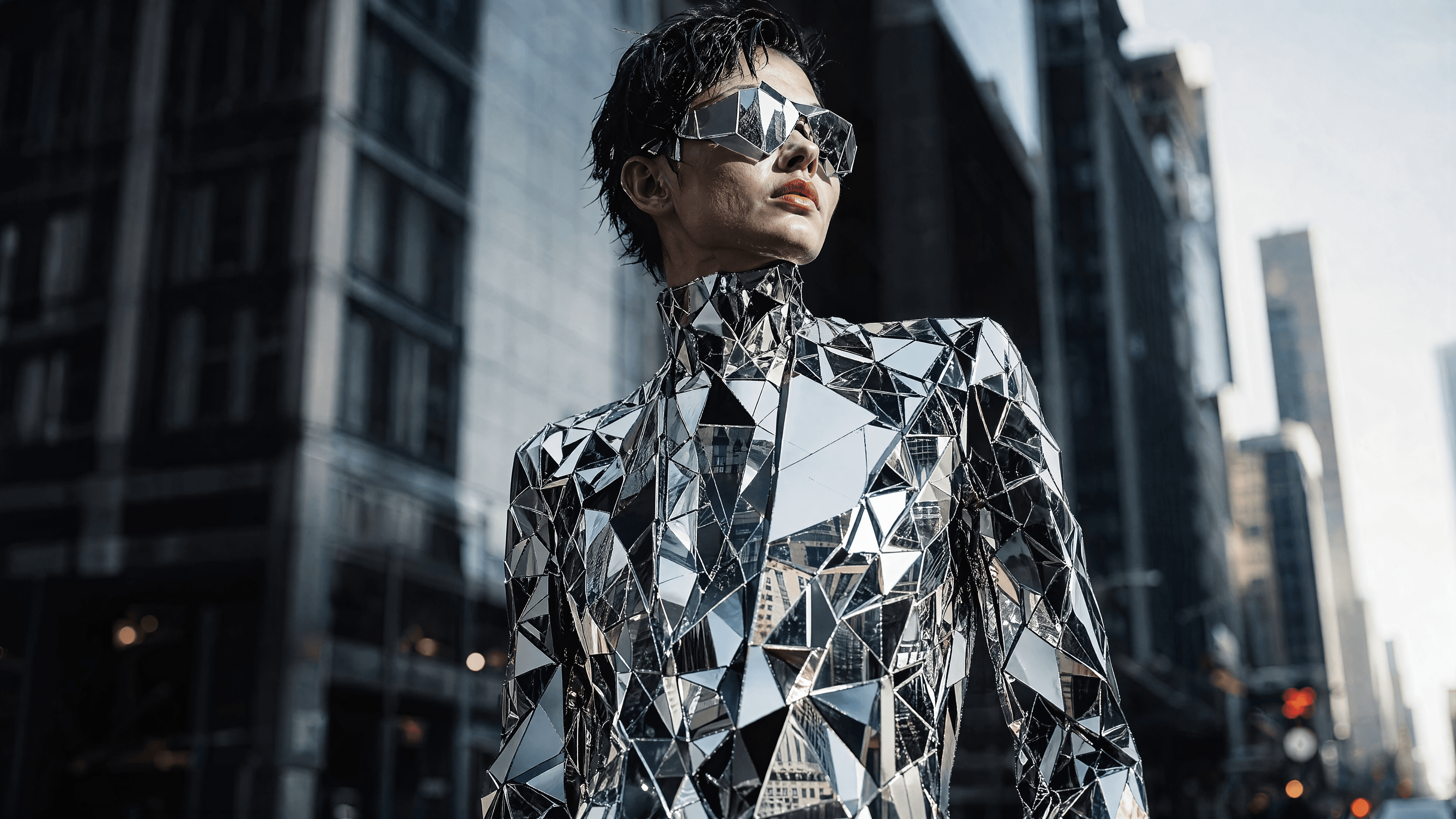 This video features a striking, futuristic fashion statement in an urban environment. The overall mood is modern, chic, and slightly mysterious. The setting is an outdoor city street, with tall, dark buildings and a bright sky in the background. The activity level is static, focusing on a posed individual. The visual style is highly artistic and realistic, showcasing a unique outfit. The emotional tone is sophisticated and impactful. The subject is a person, likely a model, wearing a full-body outfit made of mirrored, geometric pieces, including matching sunglasses. The artistic style leans towards high fashion editorial. The color characteristics are cool tones with high contrast and bright highlights from the reflective surfaces, set against a muted, somewhat desaturated urban backdrop. The color palette primarily consists of silver, gray, black, and hints of blue from the sky, with reflections of warm tones from distant light sources.