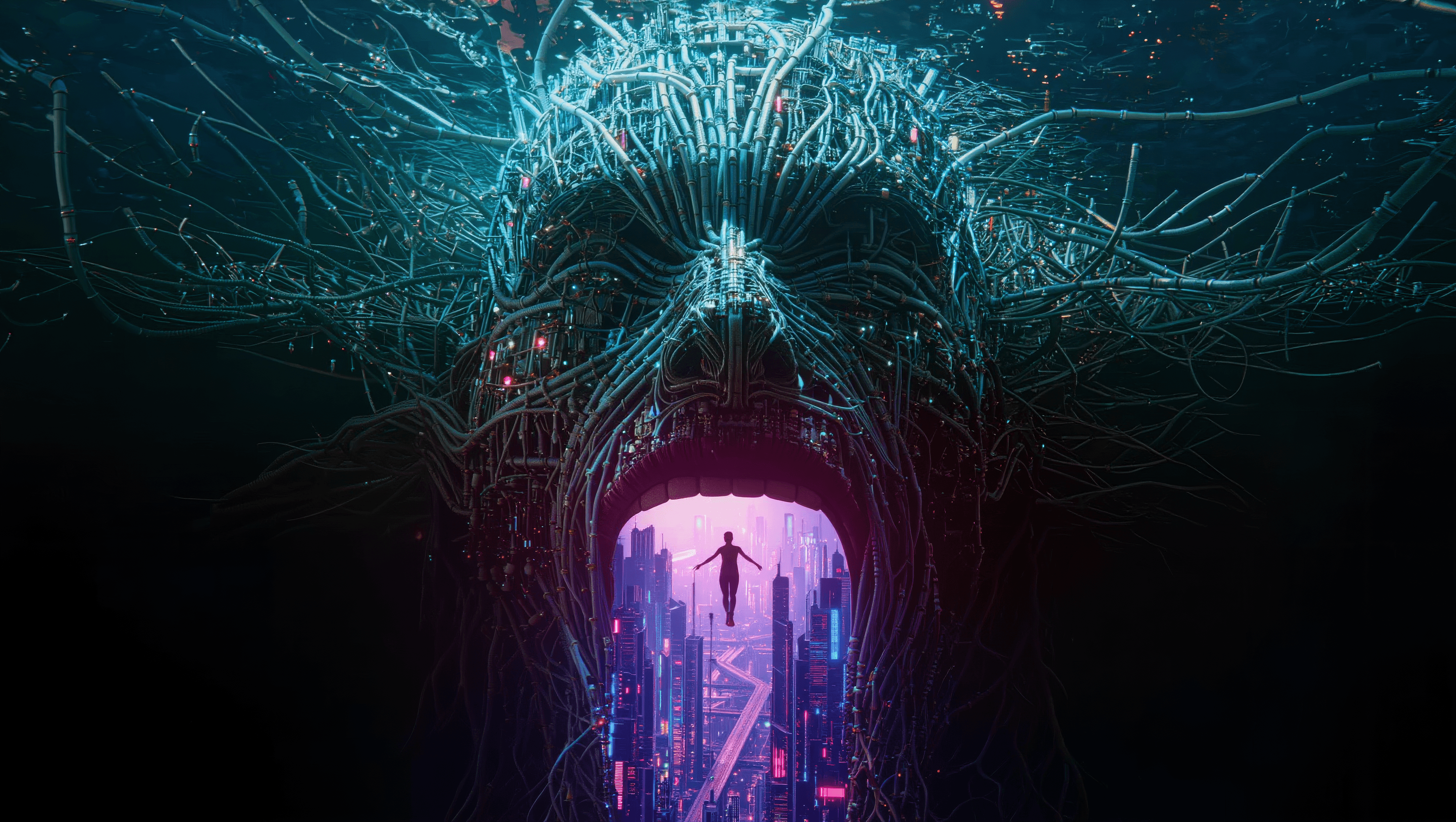 This image presents a dark, mysterious, and dramatic atmosphere with a futuristic and cyberpunk aesthetic. The setting is a surreal, abstract space dominated by a massive, open-mouthed face constructed entirely from intricate wiring and glowing circuits, resembling a digital entity or a complex machine. A lone, silhouetted figure with outstretched arms appears to be floating or falling within the mouth, which opens into a vibrant, neon-lit cityscape. The visual style is highly artistic and stylized, blending elements of photorealism with a digital art flair. The dominant color palette features cool tones of electric blue and teal for the wiring, contrasting sharply with the warm, glowing pinks and purples of the city within the mouth, and hints of red in the circuitry. The overall mood is one of awe, perhaps a touch of fear, and a sense of being consumed by technology or a vast digital world.