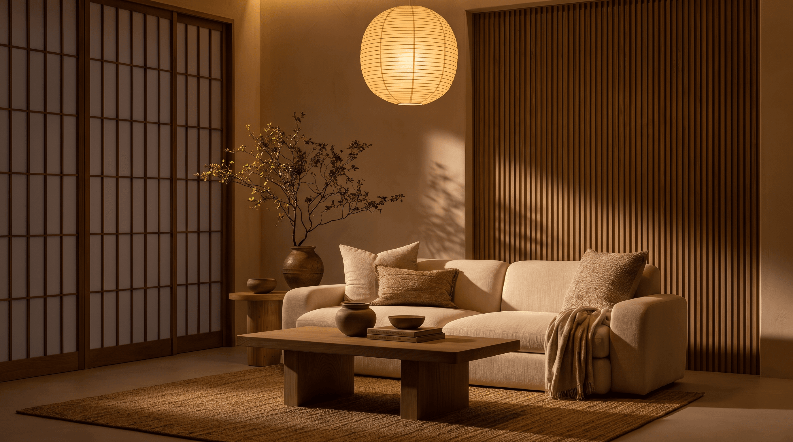 This video presents a calm and inviting indoor living space designed in a Japanese aesthetic. The overall mood is peaceful and tranquil, with soft, warm lighting creating a cozy atmosphere. The setting features traditional shoji screens, a minimalist light-colored sofa with textured pillows and a throw blanket, and a dark wooden coffee table adorned with decorative bowls. A large paper lantern hangs overhead, casting gentle light. A potted plant with delicate branches adds a touch of nature. The visual style is realistic, emphasizing natural textures and earthy tones, with a muted color palette dominated by browns, beiges, and warm off-whites. The scene is static, highlighting the thoughtful arrangement of the room.