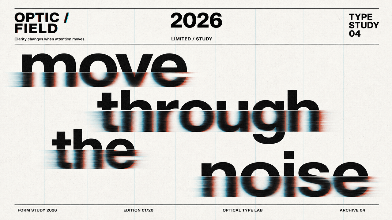 This video showcases a static, bright, and modern graphic design piece with a clean, minimalist aesthetic. The overall mood is calm and intellectual, focusing on typography as the main subject. Large, bold, black sans-serif text, reading "move through the noise," dominates the center, featuring a striking glitch or chromatic aberration effect with red and blue color channels shifted horizontally, creating a sense of movement or optical illusion. The background is a light cream or off-white with subtle vertical grid lines, evoking a technical or laboratory setting. Smaller, black sans-serif text provides additional details like "OPTIC / FIELD," "2026," "TYPE STUDY 04," and "OPTICAL TYPE LAB," reinforcing the theme of a design experiment or study. The color palette is primarily monochromatic with black text on a light background, accented by the vibrant red and blue shifts in the glitched text.