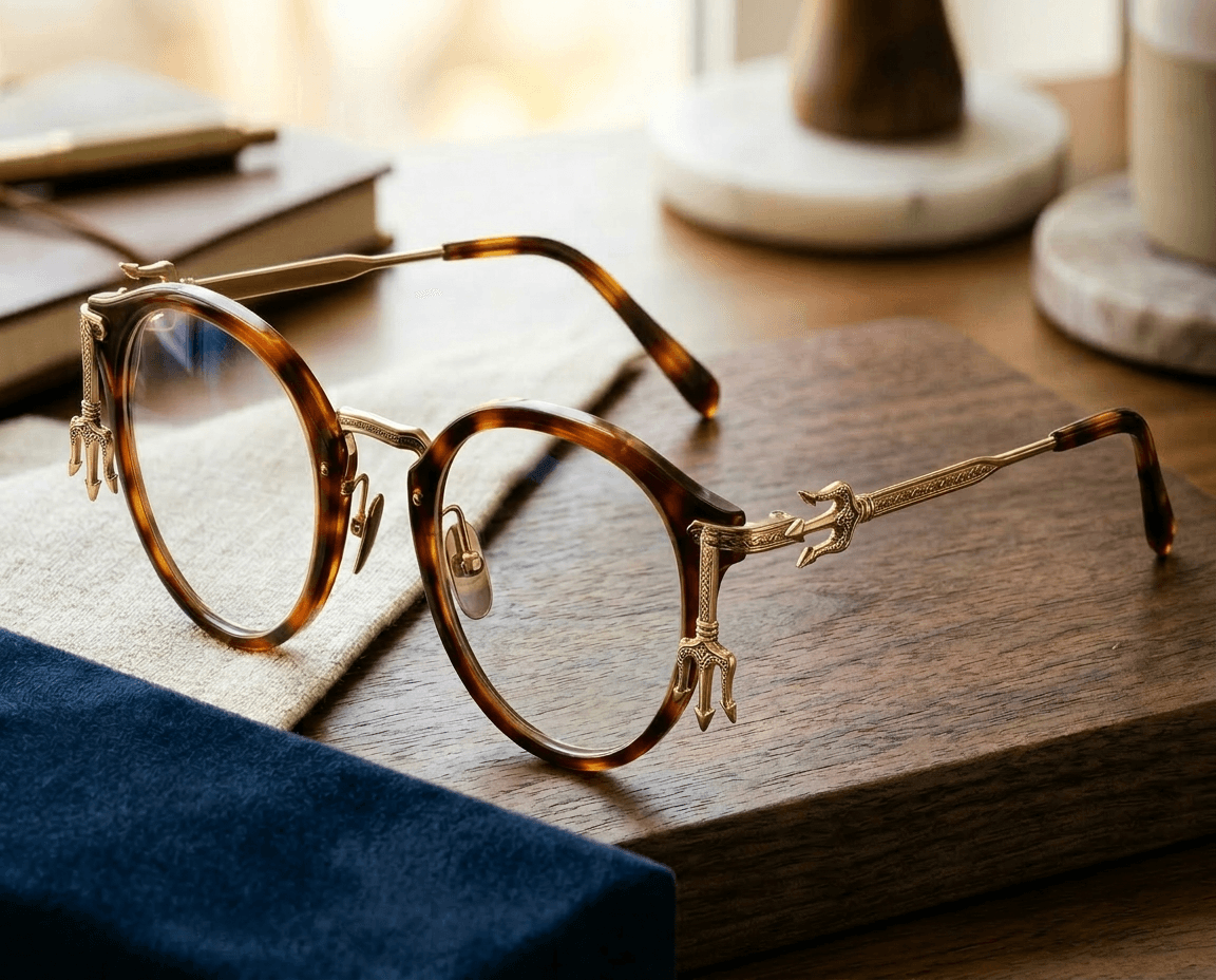 The overall mood is calm and sophisticated, with a bright and warm atmosphere. The setting is indoors, likely on a wooden desk or table, with a static activity level. The visual style is realistic and highly detailed, showcasing a luxurious and artistic aesthetic. The emotional tone is one of elegance and craftsmanship. The subject is a pair of unique eyeglasses with tortoise-shell frames and intricate golden trident designs on the temples and frame corners. Other elements include a soft blue fabric case, a light-colored cloth, and a blurred background suggesting books and other desk items. The artistic style is photorealistic, emphasizing the textures and metallic sheen. The color characteristics feature warm tones, high saturation, and a palette dominated by browns, gold, and subtle blues.