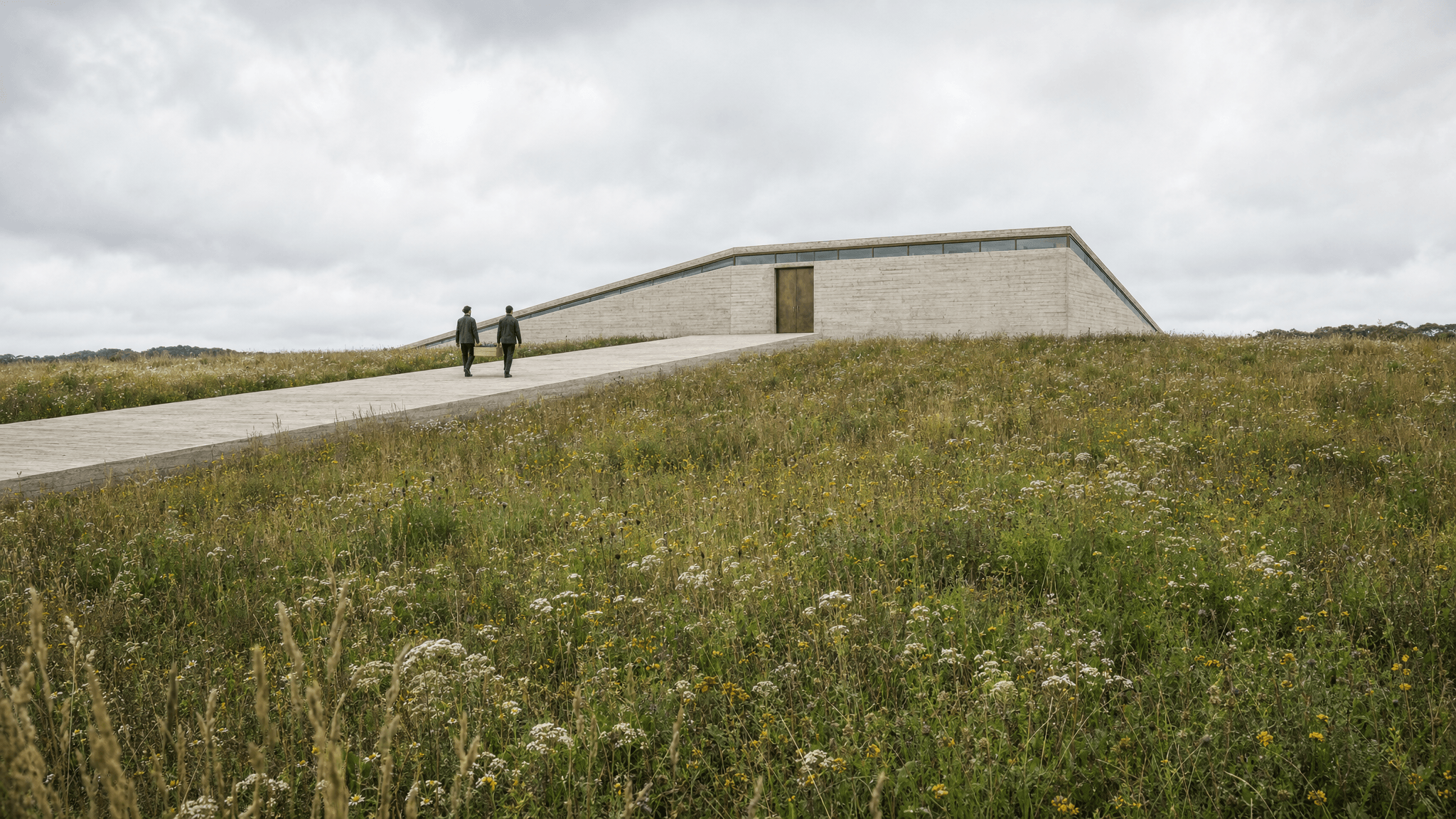 This video presents a calm and slightly mysterious outdoor setting, featuring two individuals walking along a concrete path towards a modern, angular building. The atmosphere is muted and natural, with a cloudy sky overhead. The setting is a vast, wild grassy field or meadow, with the architectural structure seamlessly integrated into the landscape. The movement is slow and deliberate as the two figures walk away from the viewer. The visual style is realistic, emphasizing clean lines and natural textures, with an almost minimalist aesthetic. The emotional tone is contemplative or perhaps a little somber due to the overcast weather. The subjects are two people, seen from behind, dressed in similar dark green attire, walking towards a distinctive building with a large wooden door and horizontal windows. The artistic style is photorealistic, showcasing the blend of nature and contemporary design. The color characteristics are cool and muted, dominated by shades of green, gray, and earthy browns, with a low saturation that contributes to the subdued mood.