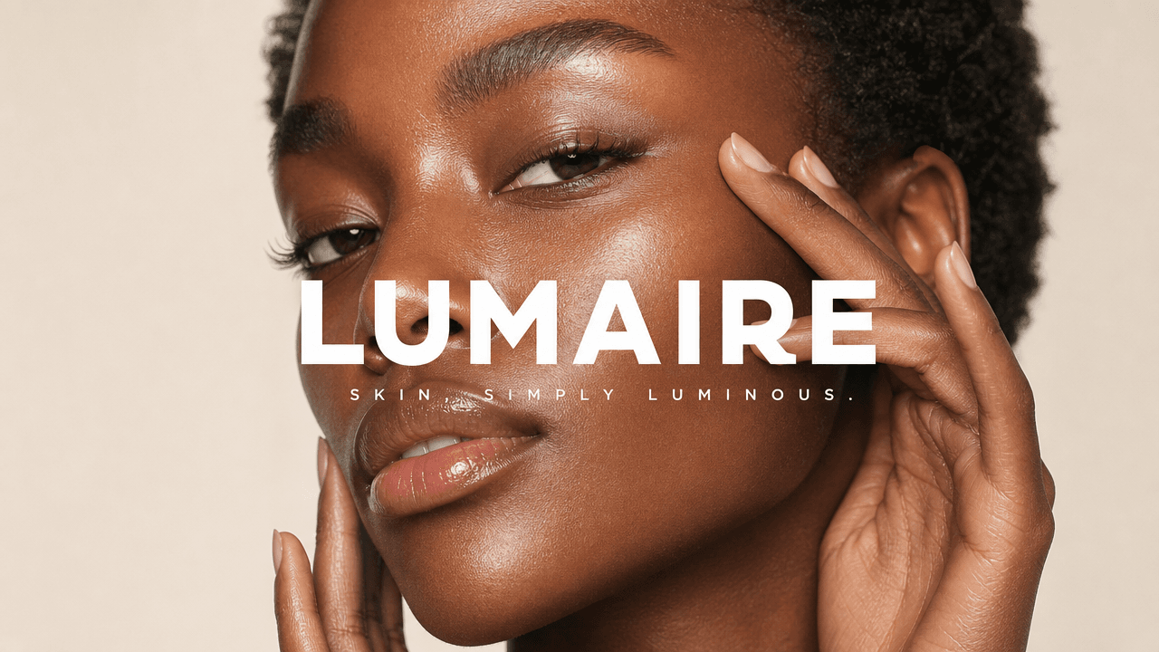 This video presents a close-up, static shot of a beautiful Black woman with radiant, glowing skin, likely for a beauty or skincare advertisement. The overall mood is calm and serene, emphasizing natural beauty and healthy skin. The setting is a studio with a soft, neutral background, creating a clean and modern aesthetic. The woman's face is the central subject, with her fingers gently touching her cheek, highlighting the smoothness and luminosity of her skin. The emotional tone is peaceful and confident, promoting a sense of well-being. The artistic style is realistic and high-definition, focusing on skin texture and subtle reflections. The color characteristics are warm tones with high saturation, showcasing the richness of her complexion against a muted, light beige background. The color palette is dominated by warm browns, soft pinks for the lips, and subtle highlights that catch the light. The brand name "LUMAIRE" and tagline "SKIN, SIMPLY LUMINOUS." are overlaid in white text.