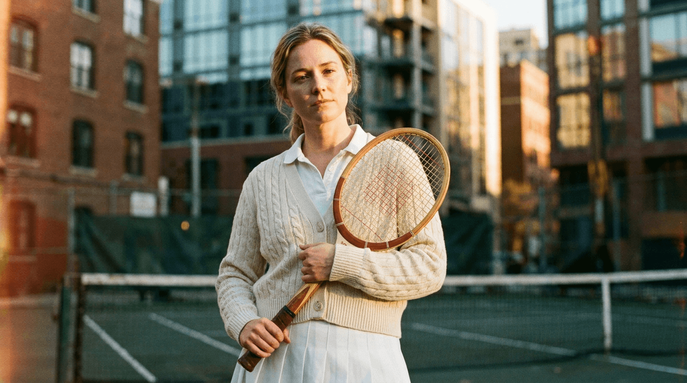 This video presents a calm and composed atmosphere, set outdoors on a tennis court within an urban environment. The subject is a young woman, standing static, holding a vintage wooden tennis racket. She wears a classic, preppy tennis outfit consisting of a white collared shirt, a cream cable-knit cardigan, and a white pleated skirt, evoking a nostalgic or retro visual style. The emotional tone is somewhat serious or contemplative. The background features brick and modern buildings, suggesting a city setting. The artistic style is realistic, with warm tones and natural lighting, particularly evident in the golden hour glow on the buildings and the woman's face. The color palette is dominated by warm browns, creams, and the muted green of the tennis court, with subtle hints of blue from distant buildings.