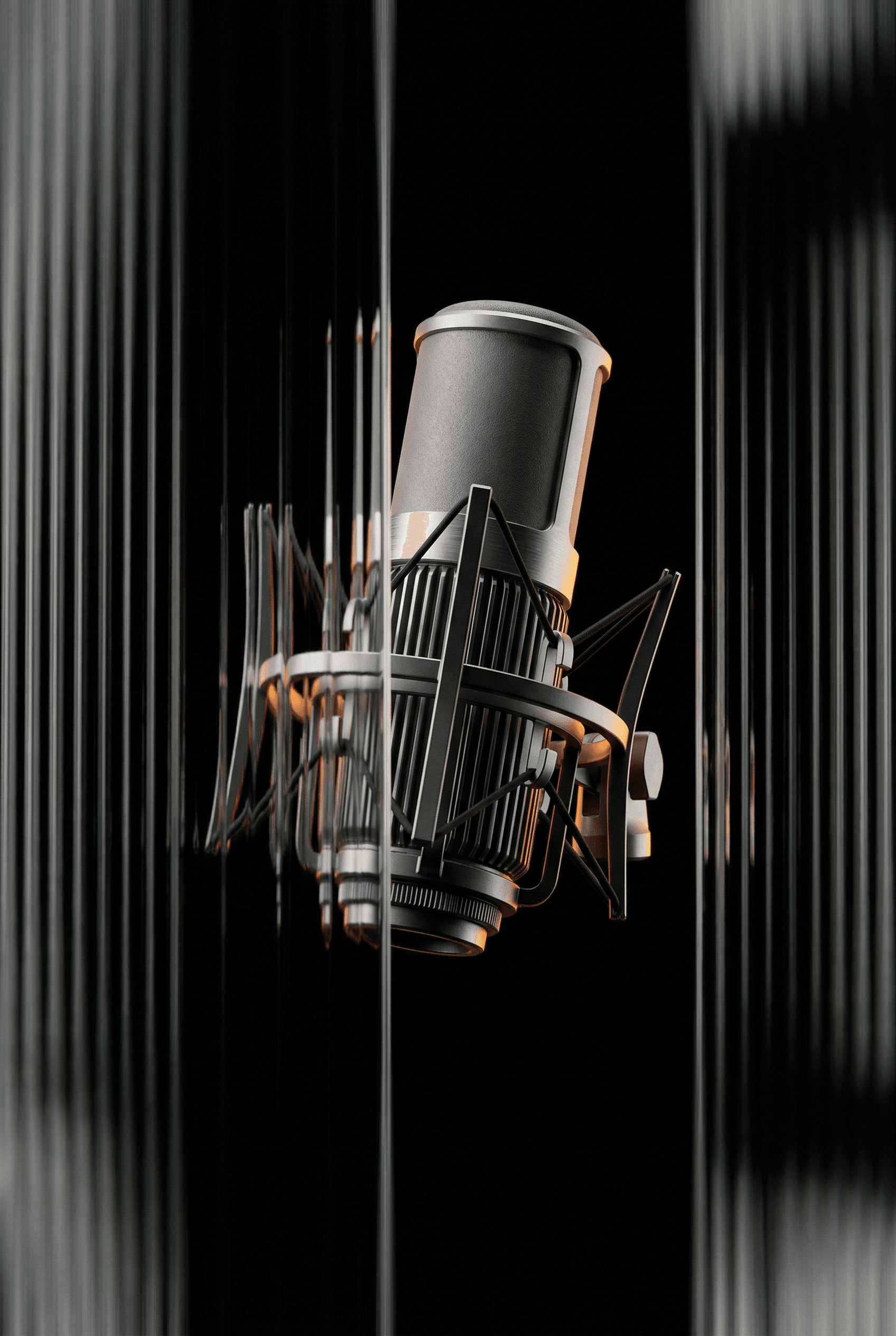 The overall mood is professional and dramatic, with a clean, modern aesthetic. The setting is an indoor, studio-like environment, characterized by a stark black background. The activity level is static, focusing on a single, prominent object. The visual style is highly realistic, almost photographic, emphasizing the intricate details of the subject. The emotional tone is serious and focused, suggesting an atmosphere of creation or performance. The subject of the video is a high-quality studio condenser microphone, complete with its shock mount. Other specific elements include vertical, reflective glass or acrylic panels that create interesting light refractions and reflections, adding depth to the otherwise dark scene. The artistic style leans towards photorealism with a touch of minimalist design. The color characteristics feature cool tones with subtle warm highlights from internal lighting, creating a high contrast image against the deep black. The color palette is primarily black, silver, and dark gray, accented by soft orange and white glows.