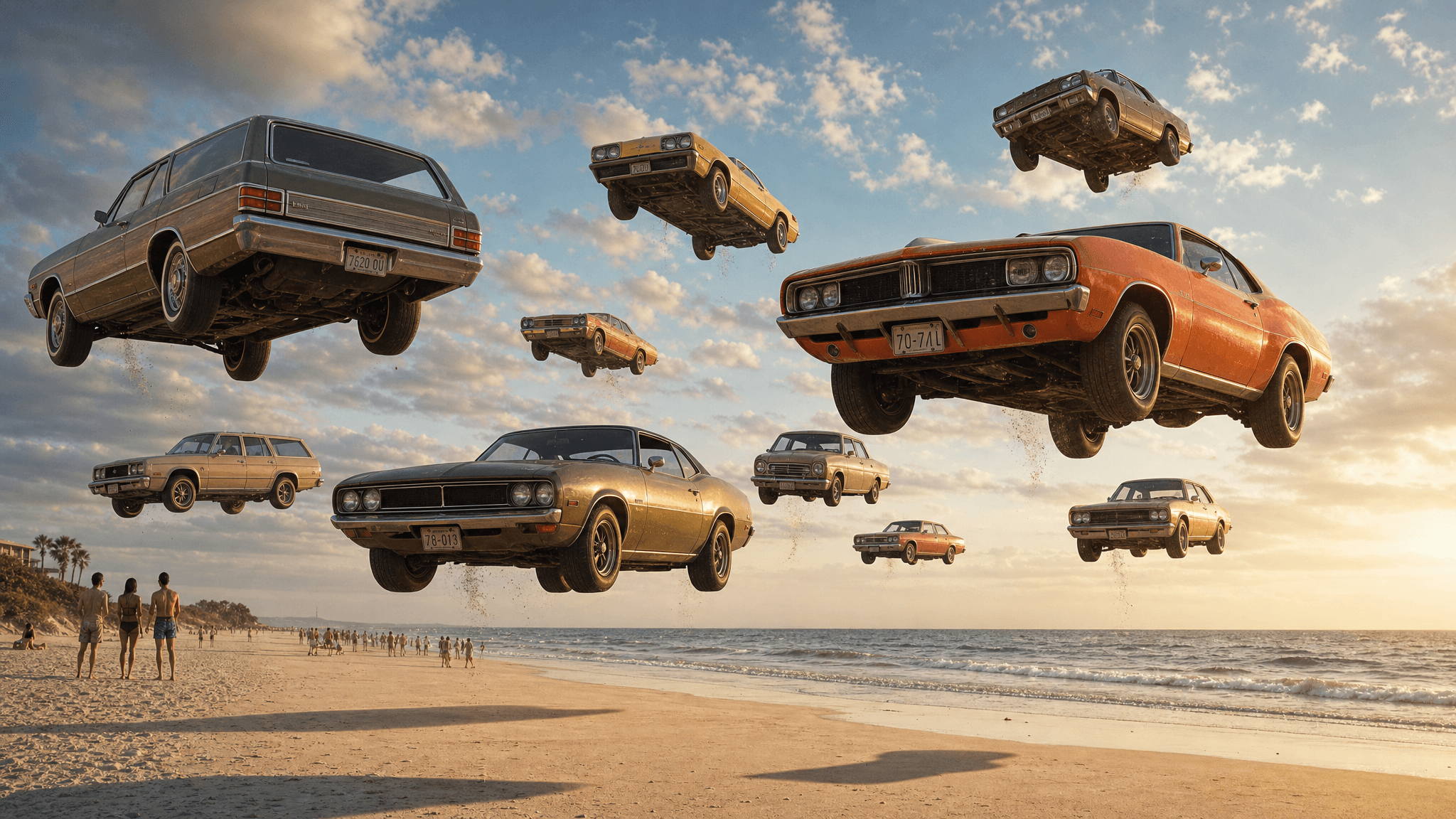 This video presents a surreal and dynamic scene on a sunny beach, where numerous vintage American cars are inexplicably floating in the sky. The overall mood is fantastical and slightly mysterious, with a vibrant yet calm atmosphere. The setting is an outdoor beach with a clear sky, ocean waves, and a sandy shore populated by several small groups of people. The activity level is static for the cars, but the concept itself is highly dynamic and imaginative. The visual style is realistic, almost photorealistic, but with a strong artistic and dreamlike quality due to the impossible nature of the flying cars. The emotional tone is one of wonder and mild absurdity. The main subjects are classic cars, predominantly coupes and station wagons, in various colors like olive green, gold, and a prominent orange. The artistic style leans towards magical realism or digital art with photorealistic rendering. The color characteristics feature warm tones from the sunset glow on the horizon and cool tones in the sky and ocean, with a natural color palette.