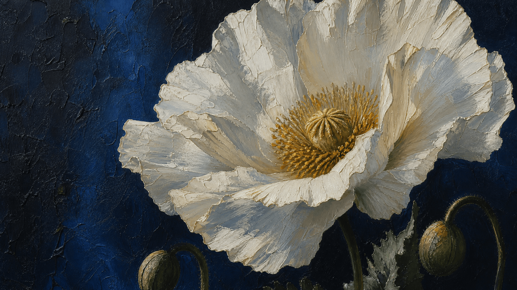 This video features a static, highly detailed painting of a white poppy against a dark blue background. The overall mood is calm and artistic, with a dramatic emotional tone created by the contrast. The visual style is realistic yet heavily textured, resembling impasto painting with thick brushstrokes visible on the petals and background. The main subject is a large, open white poppy with a prominent yellow-green center and golden stamens. Two smaller, closed poppy buds on stems are visible at the bottom. The color palette is dominated by cool dark blues and greens, contrasting with the warm whites and golden yellows of the flower. The painting exhibits a strong artistic style, emphasizing texture and light.