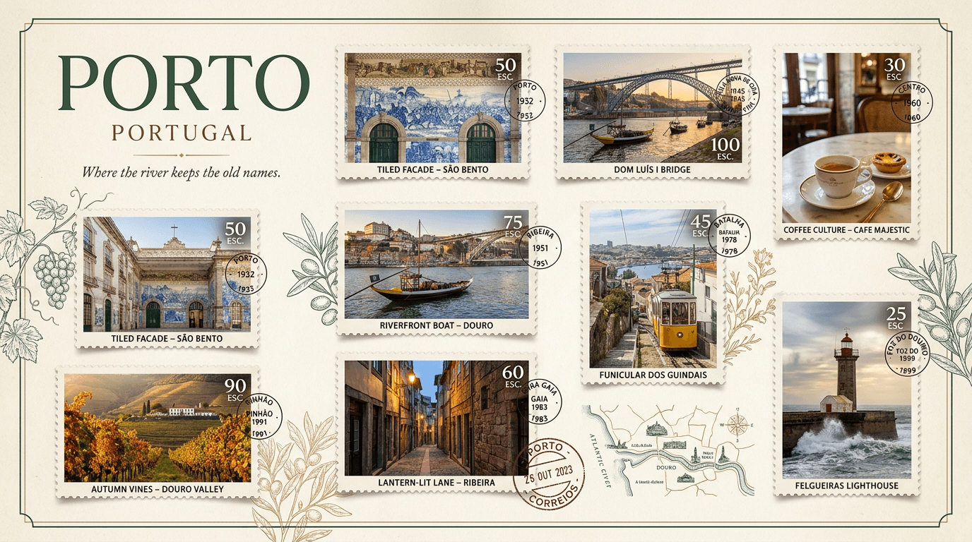 This image is a static, illustrative collage resembling a vintage travel poster or a collection of postage stamps, showcasing the city of Porto, Portugal. The overall mood is calm and nostalgic, evoking a sense of discovery and cultural appreciation. The setting varies across the individual "stamps," featuring outdoor urban and natural landscapes, as well as an indoor cafe scene. The visual style is realistic within the confines of each stamp's photographic content, bordered by a classic, slightly textured stamp design. The emotional tone is peaceful and inviting, highlighting the beauty and charm of Porto. Specific elements include architectural landmarks like the Dom Luís I Bridge and tiled facades, natural beauty such as the Douro Valley vineyards and Felgueiras Lighthouse, cultural aspects like a riverfront boat and coffee culture, and transportation like a funicular and a lantern-lit lane. The artistic style blends photorealism within the stamps with an illustrative, almost botanical drawing style for the surrounding decorative elements (grapes, olives, flowers). The color characteristics are generally warm and natural, with rich blues, greens, and earthy tones, and a soft, muted pastel background for the main poster. The color palette is diverse, reflecting the various scenes, but maintains a cohesive, slightly vintage aesthetic.