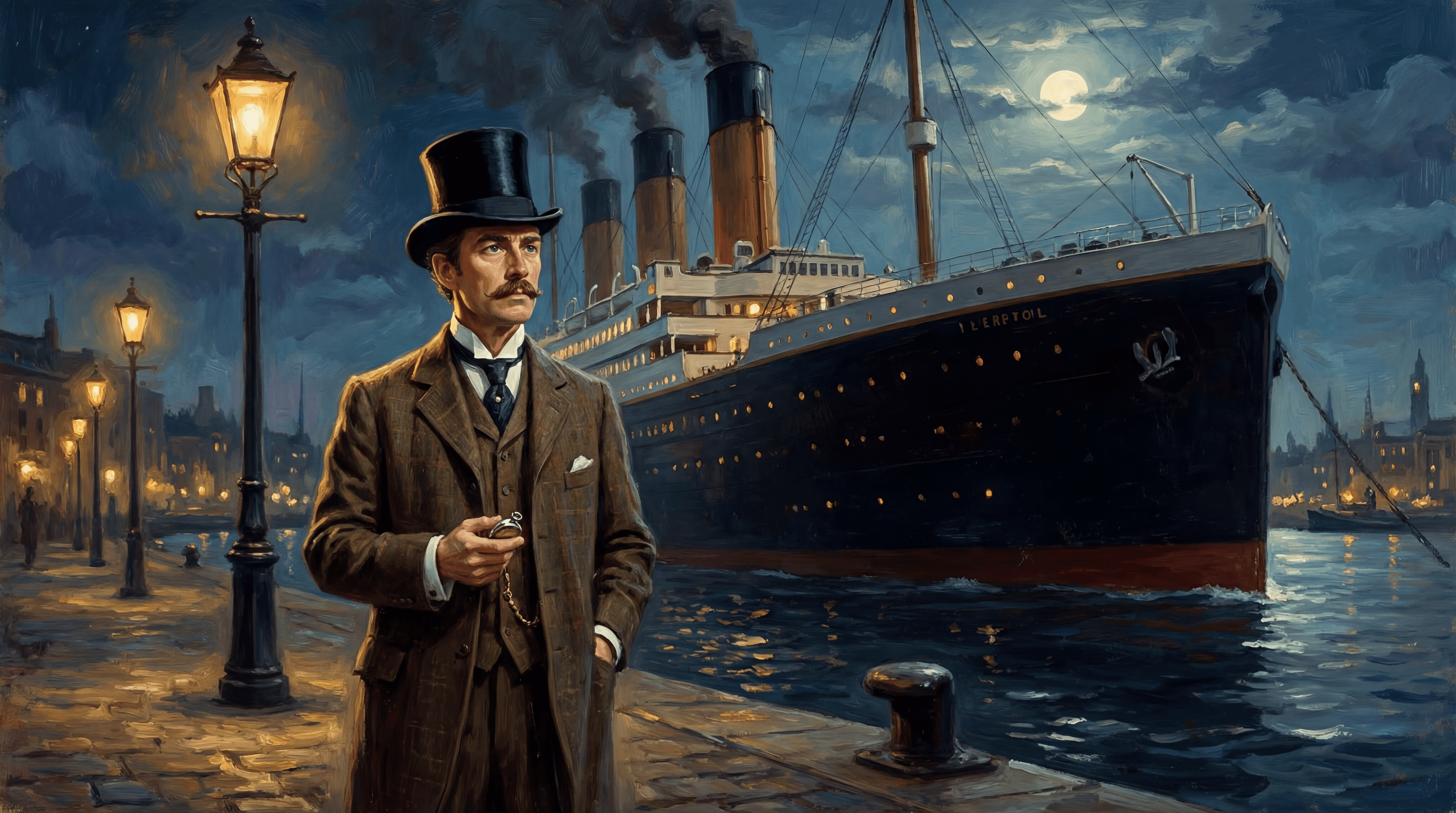 This video presents a dramatic and mysterious atmosphere, set outdoors at night in a historical port or harbor. The scene is static, featuring a distinguished Victorian gentleman in a top hat and suit, holding a pocket watch, standing on a cobblestone quay. Behind him looms a massive, multi-funnelled steamship, reminiscent of a grand ocean liner like the Titanic, with smoke billowing from its stacks. The artistic style is a painterly, realistic rendering with visible brushstrokes, evoking an oil painting. The overall mood is enhanced by cool, dark blue tones of the night sky and water, contrasted with warm, glowing yellow-orange light from streetlamps and the ship's windows. A full moon is visible in the cloudy sky, adding to the dramatic and slightly somber emotional tone. The color palette is dominated by dark blues, grays, and browns, with bright yellow and orange accents.