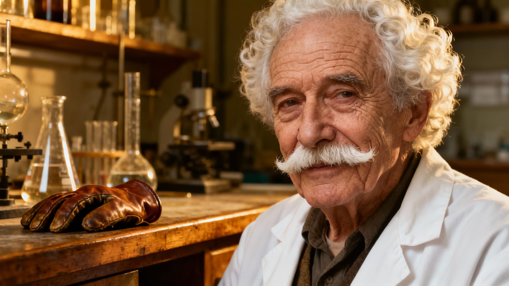 This video presents a warm, inviting, and slightly mysterious atmosphere within an indoor laboratory setting. The activity level is static, focusing on a portrait-style shot of an elderly man. The visual style is realistic, with a dramatic and thoughtful emotional tone. The subject is an older man with white curly hair and a prominent white handlebar mustache, wearing a white lab coat over a dark shirt. He is looking directly at the viewer with a slight smile. In the background, various scientific instruments like beakers, flasks, and a microscope are visible on wooden shelves and a workbench. A single brown leather glove rests on the wooden table in the foreground. The artistic style is photorealistic with a focus on detailed textures. The color characteristics feature warm tones, particularly in the lighting and the wooden elements, with muted pastels in the liquids within the glassware. The overall color palette is dominated by browns, golds, and whites, with hints of blue and green from the distant lab equipment.