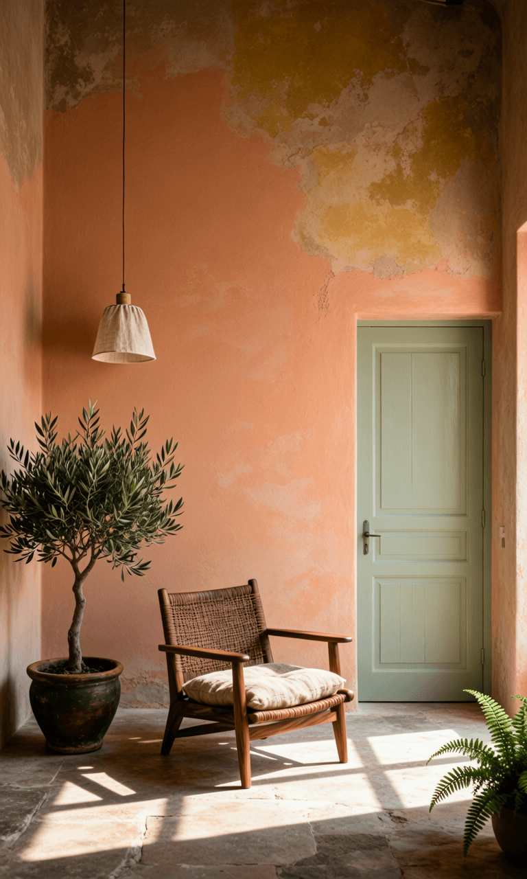 This video captures a calm and peaceful outdoor setting, likely a Mediterranean-style patio or sunroom. The atmosphere is warm and inviting, bathed in natural light with distinct shadows cast on the stone floor. The visual style is realistic and artistic, emphasizing textural details. Key elements include an olive tree in a dark pot, a woven wooden armchair with a light cushion, a light green door, and a hanging fabric pendant lamp. The walls are painted in a distressed, warm peach or terracotta color with patches of faded yellow, adding to a rustic, vintage aesthetic. The color palette features warm earth tones, muted greens, and soft beiges, creating a tranquil and harmonious scene.