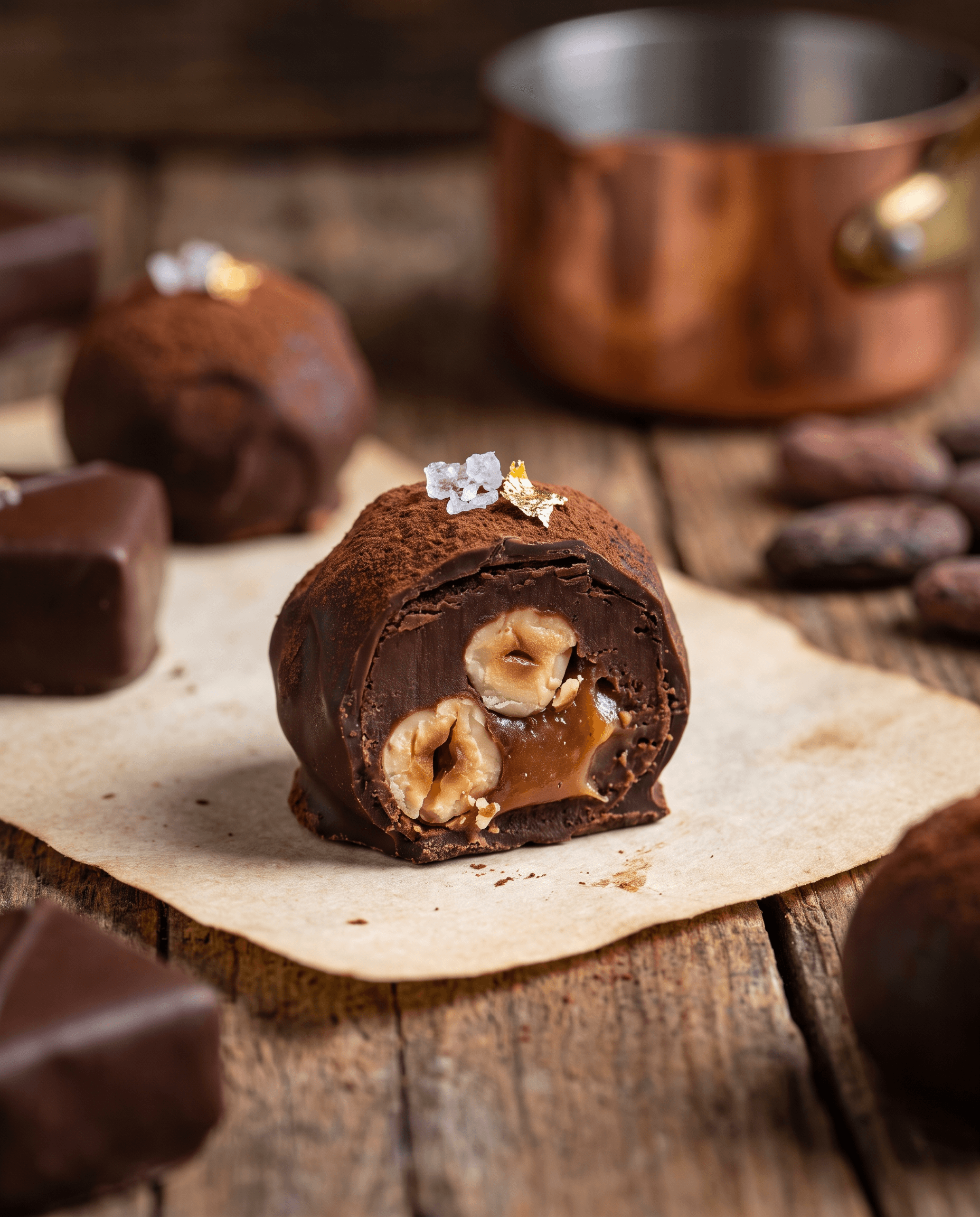 This close-up, static shot captures a delicious, cut-open chocolate truffle, revealing its gooey caramel and hazelnut filling. The overall mood is warm and inviting, emphasizing the rich textures and flavors. The setting is a rustic wooden surface, possibly a kitchen counter or table, with other chocolates, cocoa beans, and a copper pot blurred in the background. The visual style is realistic and food photography-focused, with a shallow depth of field drawing attention to the central truffle. The emotional tone is one of indulgence and satisfaction. The main subject is the chocolate truffle, dusted with cocoa powder and garnished with sea salt flakes and gold leaf. The color palette features warm browns and golds from the chocolate, caramel, and hazelnuts, contrasted with the deep, earthy tones of the wooden surface and the copper pot.