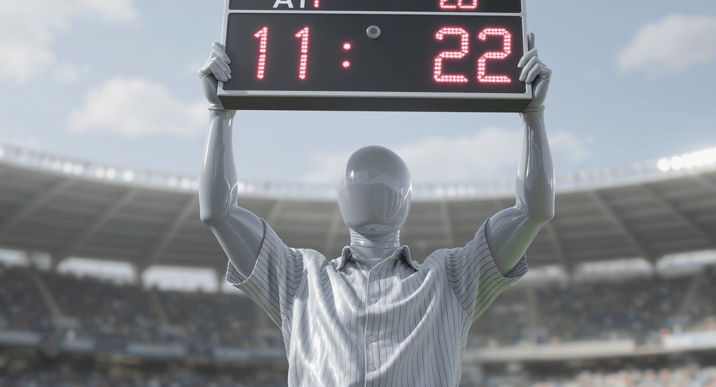 This video features a mysterious, sleek gray mannequin-like figure holding up a digital scoreboard at a sports stadium. The mood is calm and slightly surreal, with a bright, outdoor setting under a clear sky. The activity level is static, focusing on the mannequin and the scoreboard. The visual style is modern and realistic, with a subtle artistic touch due to the mannequin's appearance. The emotional tone is neutral, perhaps slightly intriguing. The main subject is the mannequin, dressed in a striped shirt, holding a black digital scoreboard displaying "11:22" in red LED lights. The background shows blurred stadium seating filled with an audience, suggesting a sporting event. The artistic style leans towards photorealism with a high-tech element. The color characteristics are cool tones, primarily grays, blues, and whites, with vibrant red highlights from the scoreboard. The color palette consists mainly of cool grays, light blue, and bright red.